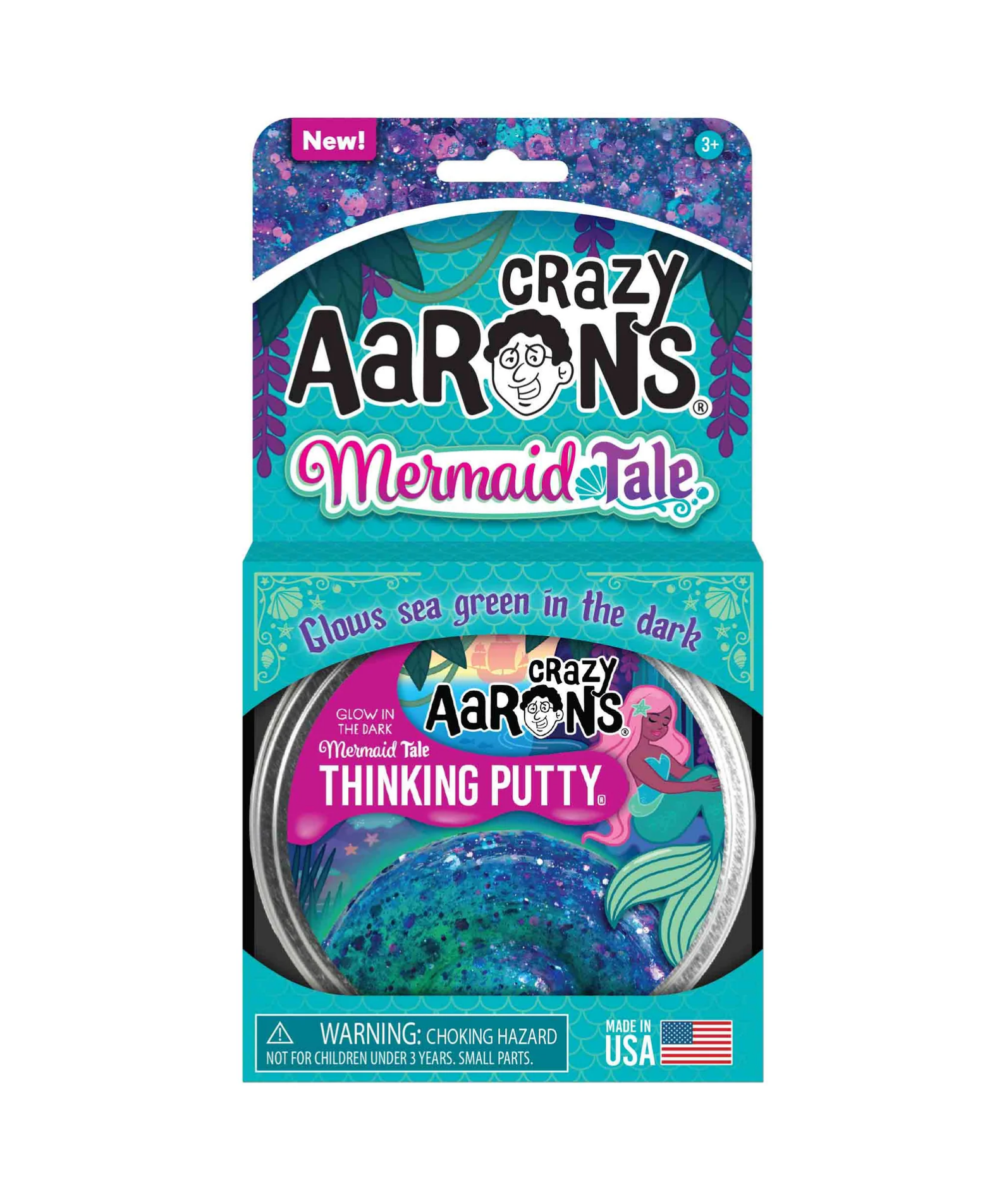 Crazy Aaron's Glow In The Dark Mermaid Tale Thinking Putty, 4" Tin with 90g of Non-Toxic Sensory Play Putty which Never Dries Out, Soft Textured Creative Fidget Toy for Boys and Girls Ages 3Y+