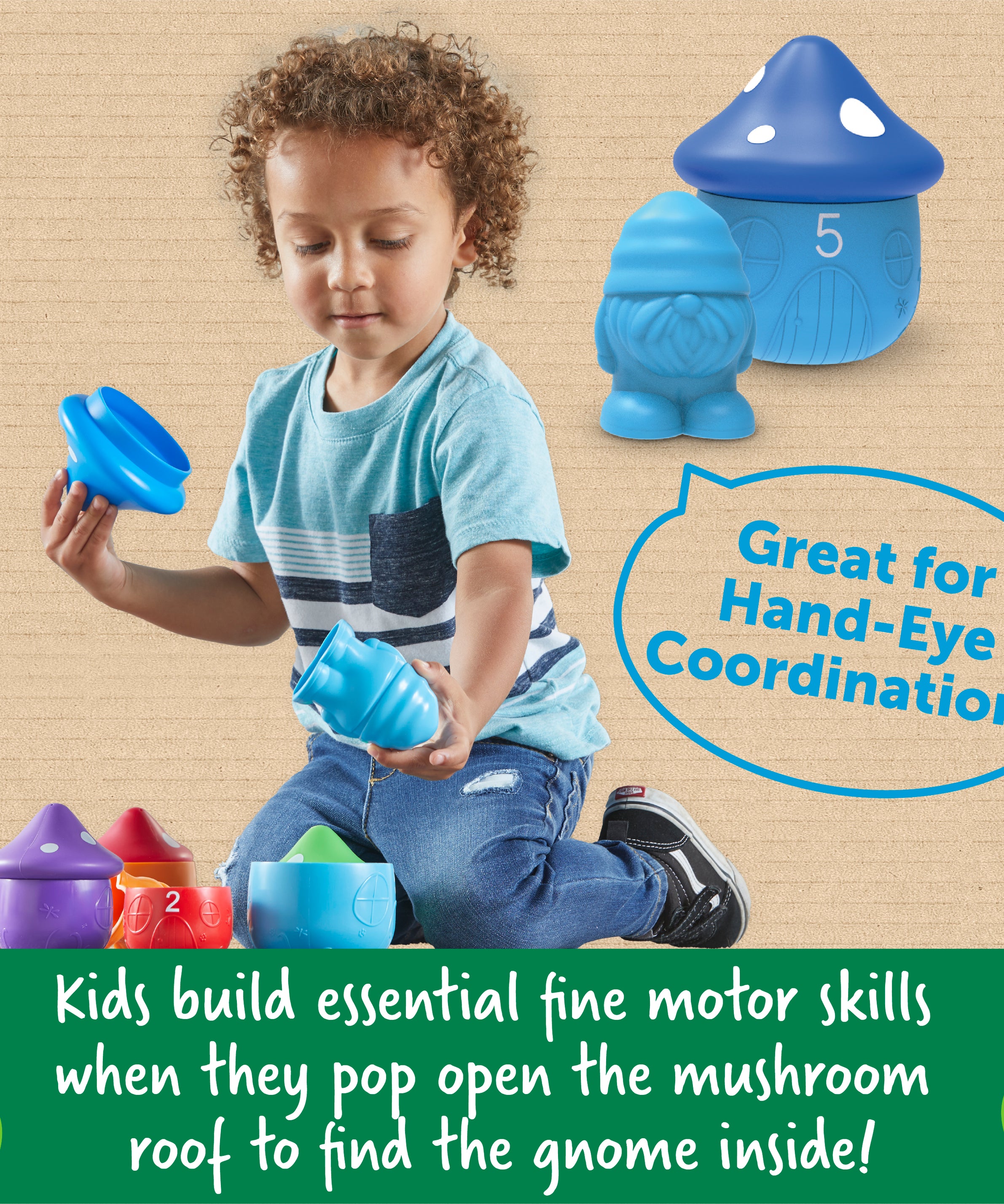 Learning Resources Peekaboo Gnome Homes, Colour, Counting, and Fine Motor Toy Set with 5 Gnomes and Toadstool Houses, Sustainable Learning Toy for Toddlers Ages 18 Months+