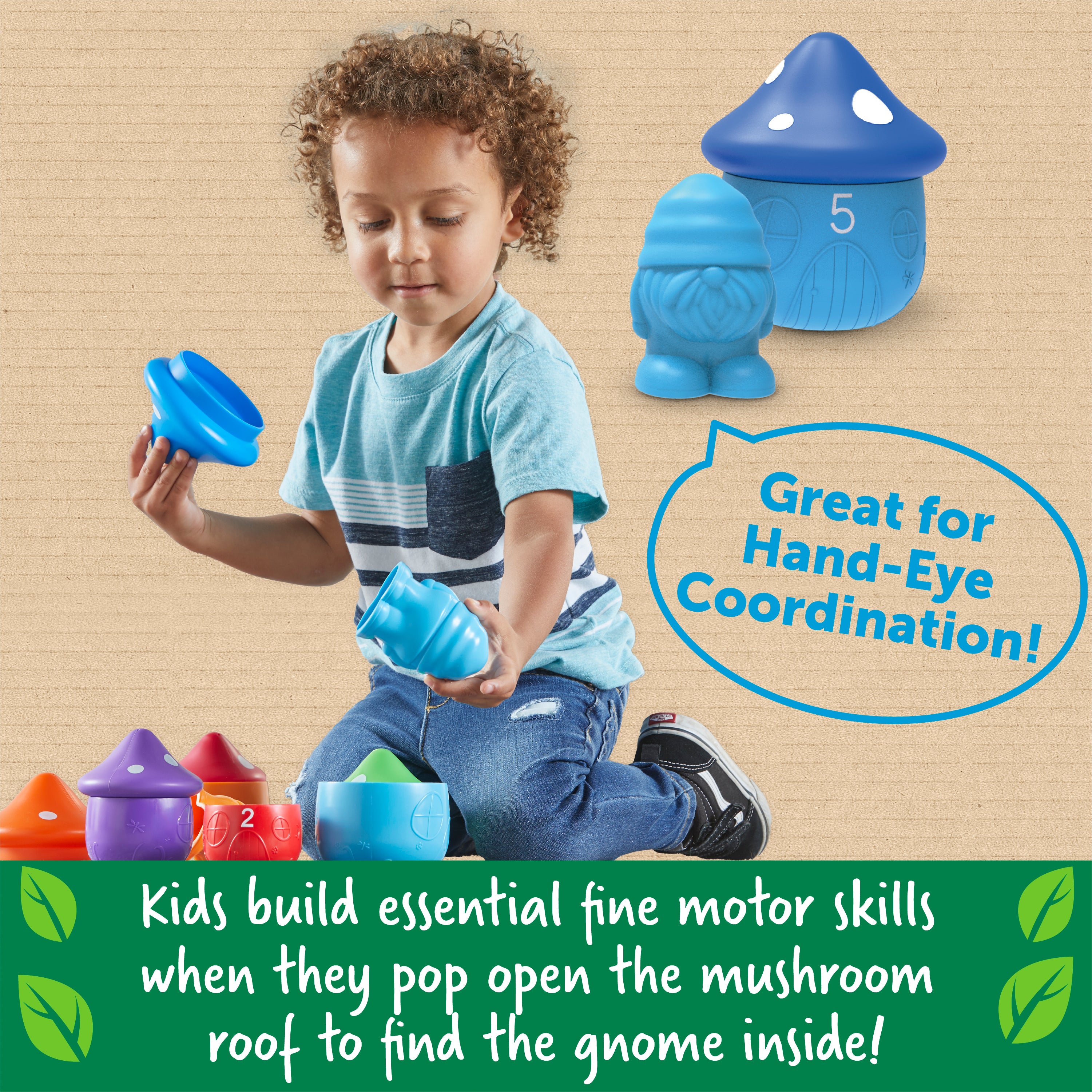 Learning Resources Peekaboo Gnome Homes, Colour, Counting, and Fine Motor Toy Set with 5 Gnomes and Toadstool Houses, Sustainable Learning Toy for Toddlers Ages 18 Months+