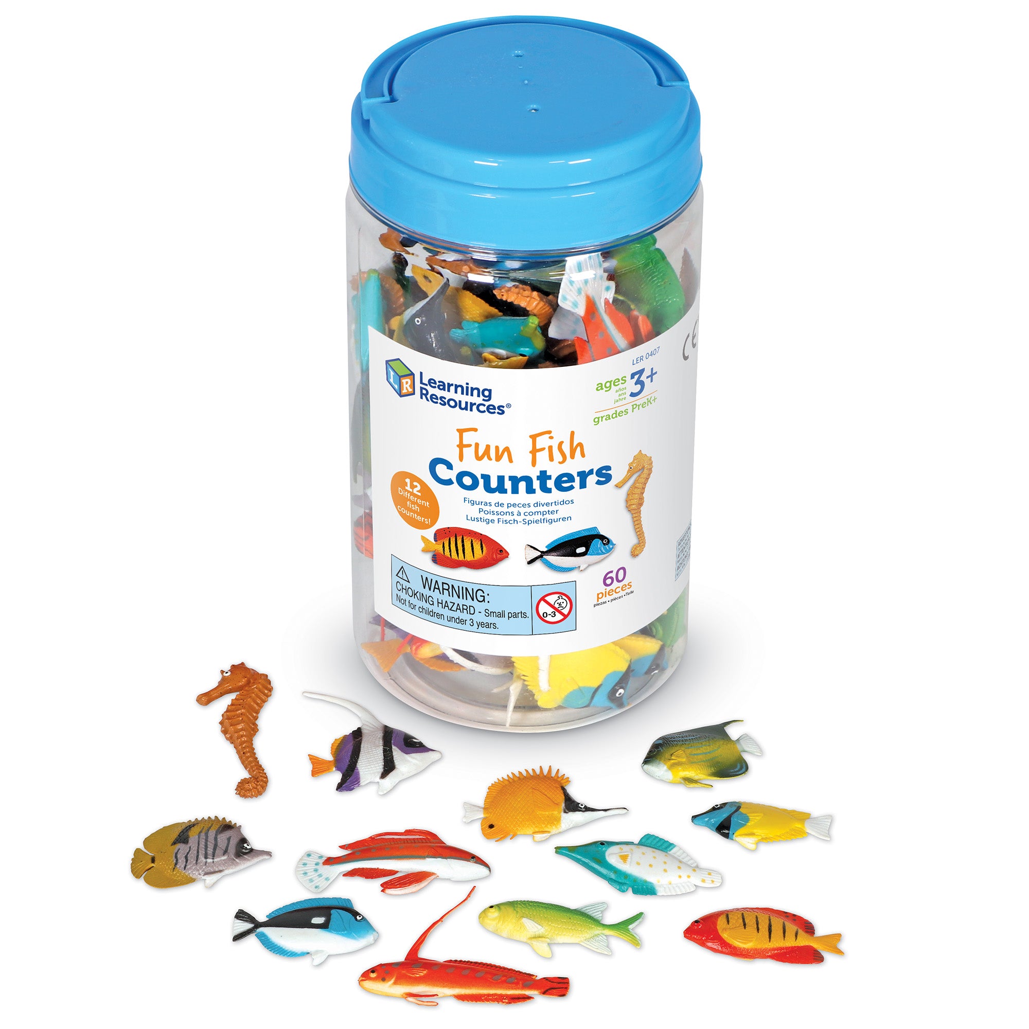 Learning Resources Fun Fish Counters, Set of 60 Colorful Plastic Fish for Counting, Sorting, and Patterning, 12 Species with Realistic Details, Ages 3 and Up