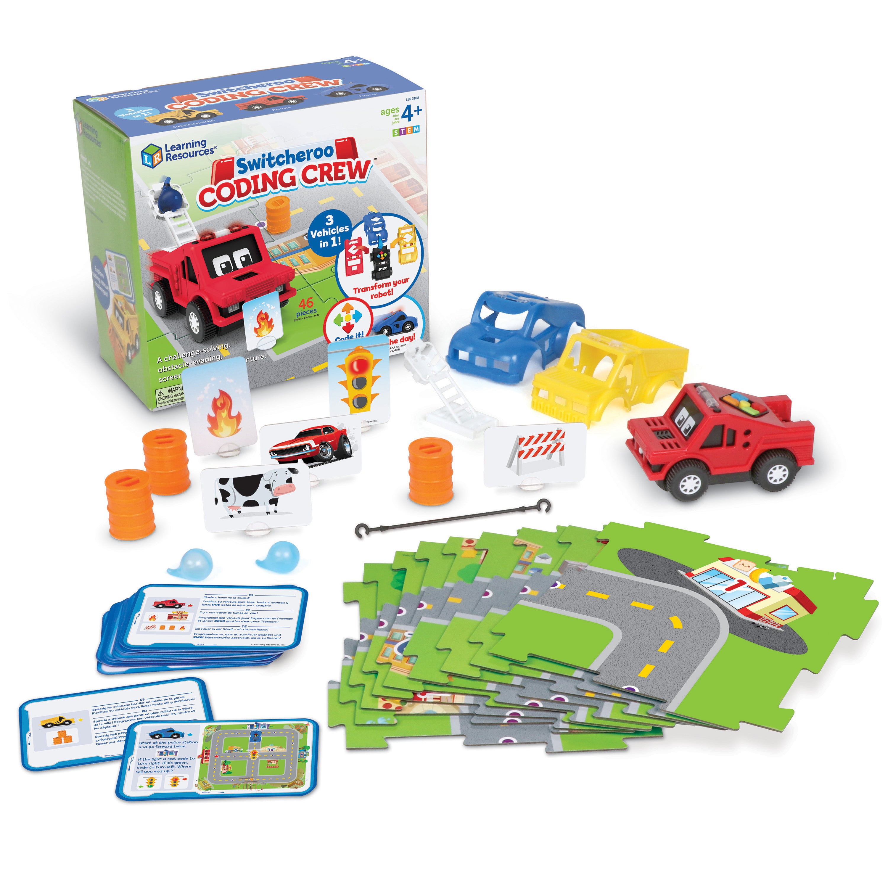 Learning Resources Switcheroo Coding Crew, 3-in-1 Screen-Free Coding Robot for Kids, Preschool STEM Toy with Interchangeable Vehicle Shells and Rescue Missions, Ages 4+