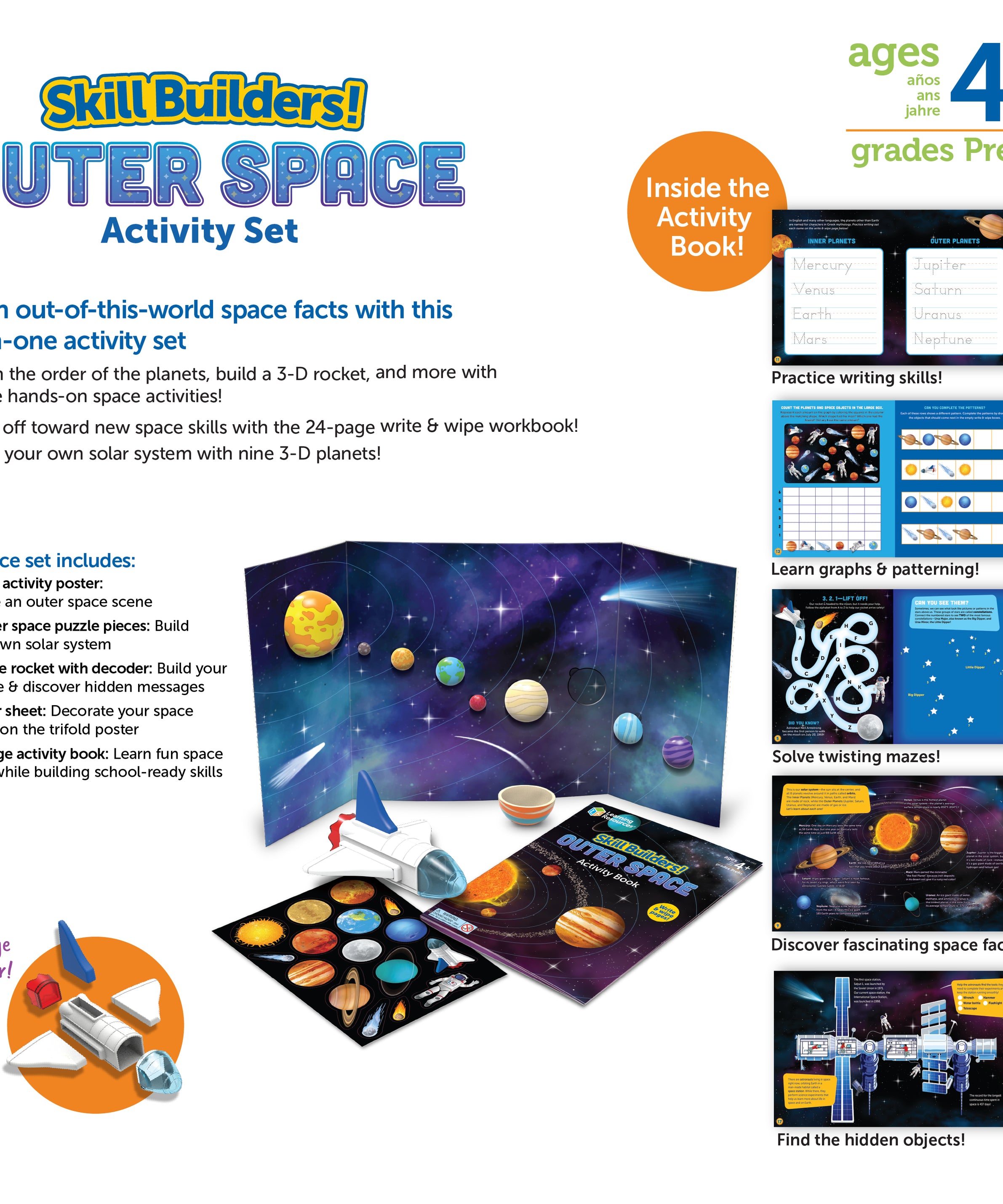 Learning Resources Skill Builders Outer Space, Preschool Space Activity Set with 3D Rocket, Puzzle, and Write and Wipe Activity Book, Ages 4 Plus