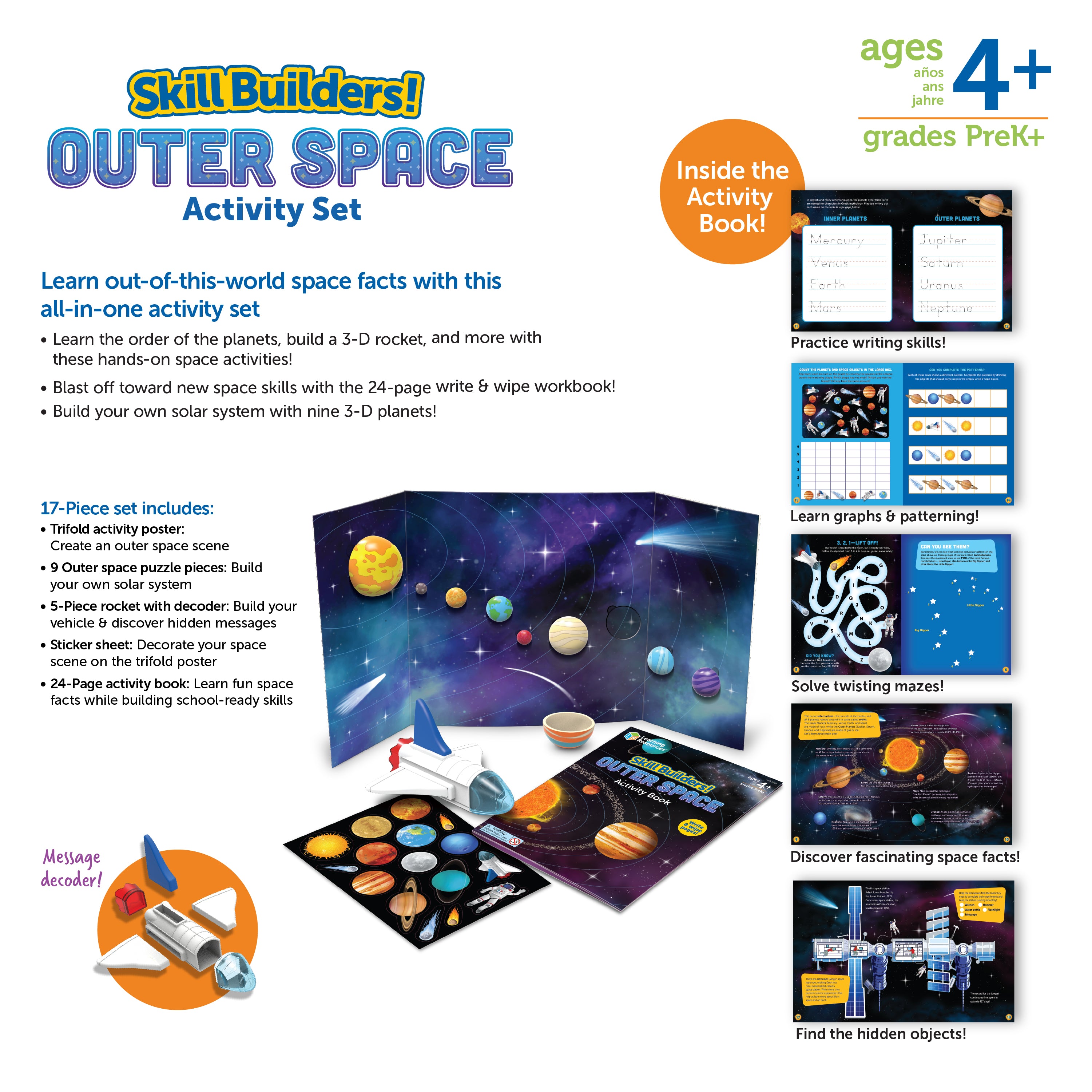 Learning Resources Skill Builders Outer Space, Preschool Space Activity Set with 3D Rocket, Puzzle, and Write and Wipe Activity Book, Ages 4 Plus