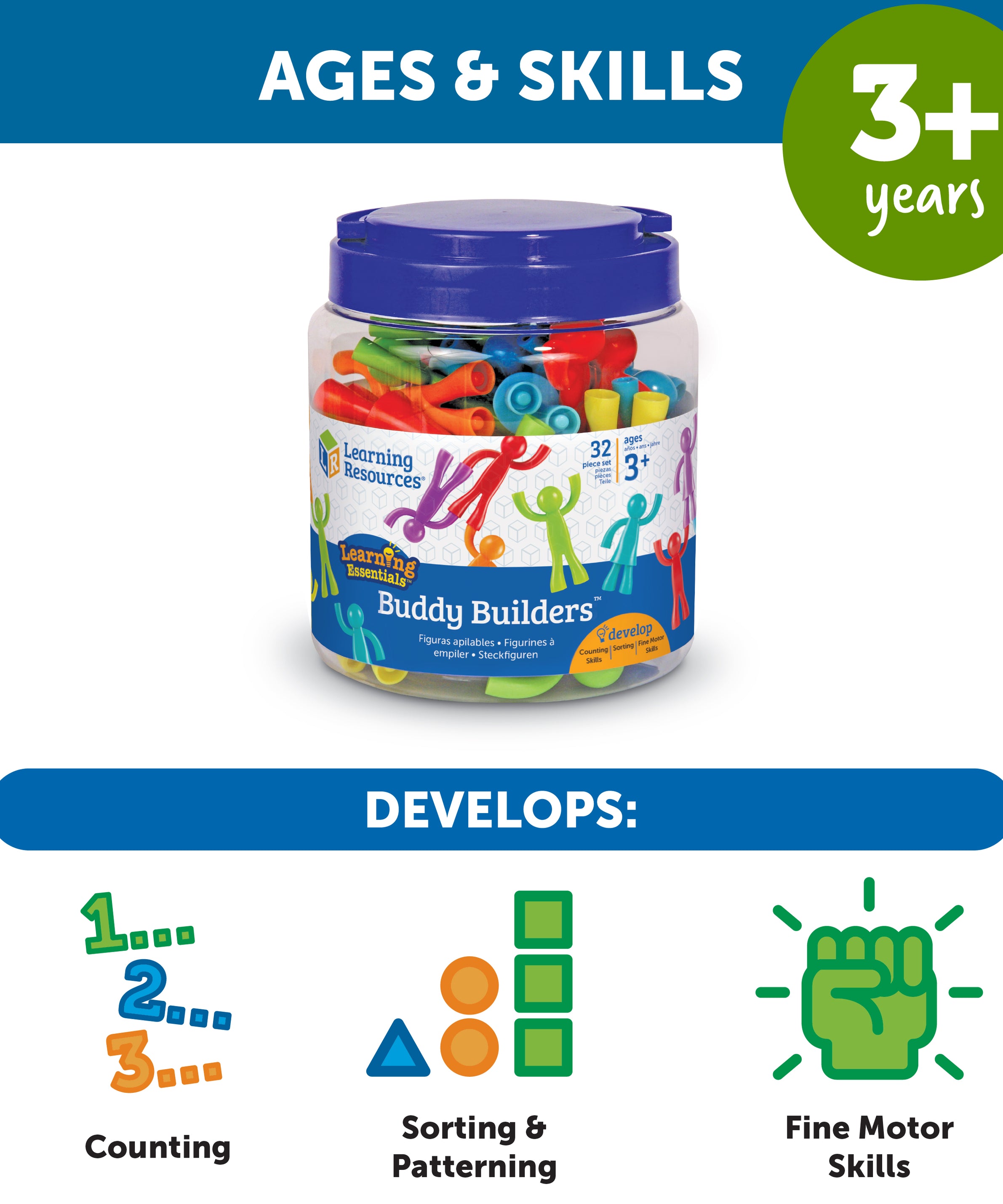 Learning Resources All About Me Buddy Builders, Set of 32 Figures, Develops Fine Motor Skills & Early Maths, Ideal for Counting, Sorting, Patterning, Includes 8 Colours, Ages 3+