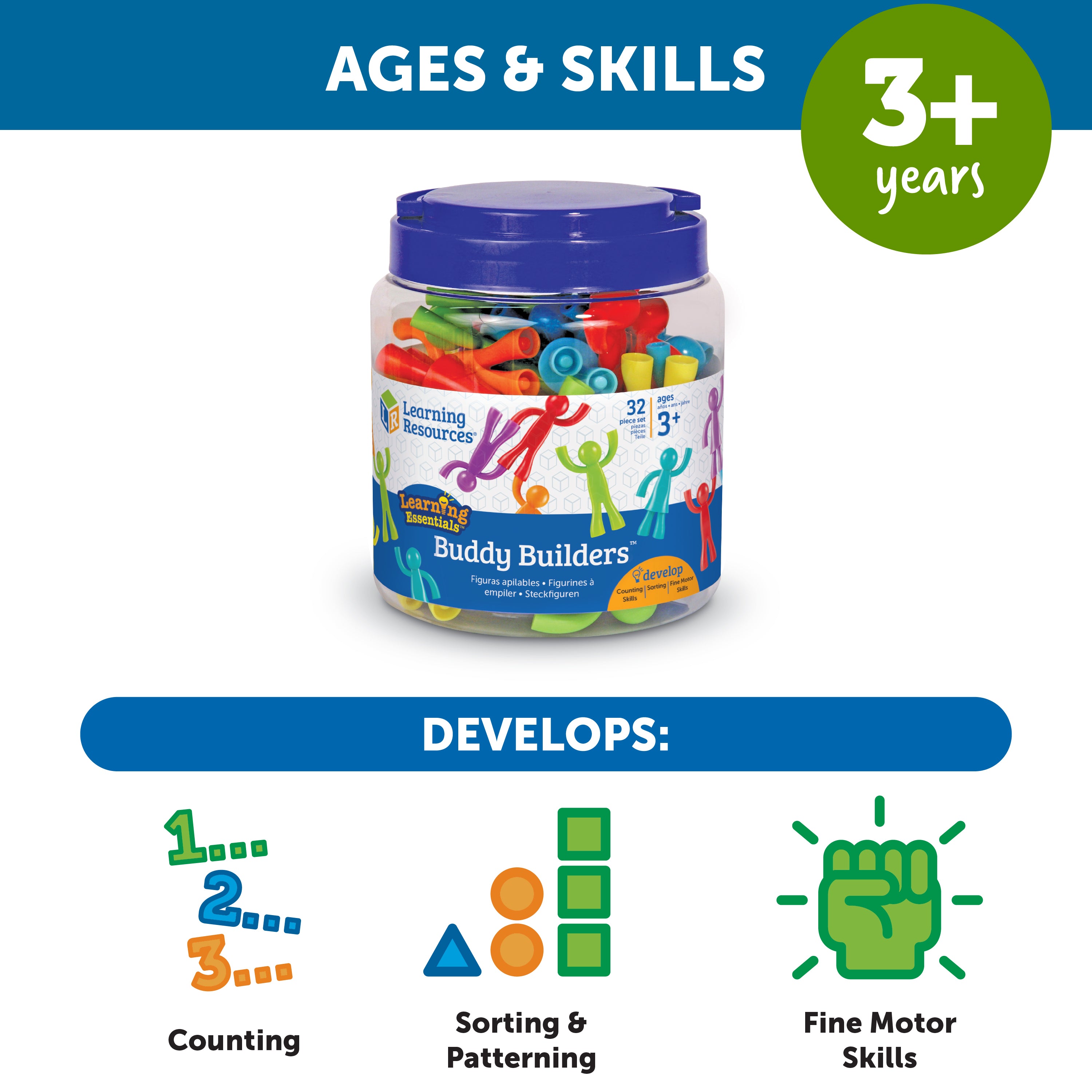 Learning Resources All About Me Buddy Builders, Set of 32 Figures, Develops Fine Motor Skills & Early Maths, Ideal for Counting, Sorting, Patterning, Includes 8 Colours, Ages 3+
