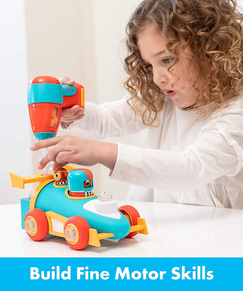 Learning Resources Design and Drill Bolt Buddies Race Car, STEM Construction Toy with Kid-Friendly Power Drill and Figures, Ages 3 Plus