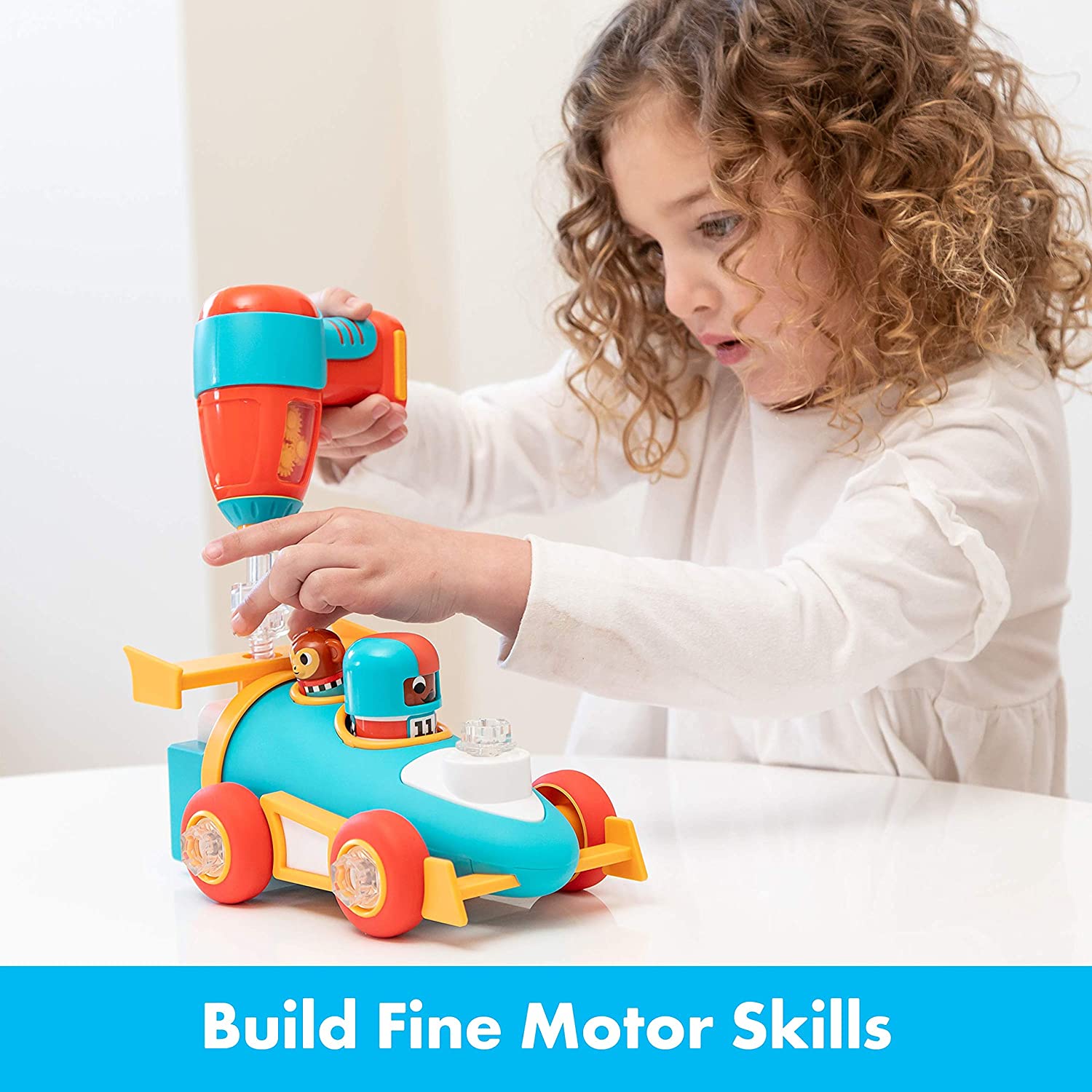 Learning Resources Design and Drill Bolt Buddies Race Car, STEM Construction Toy with Kid-Friendly Power Drill and Figures, Ages 3 Plus
