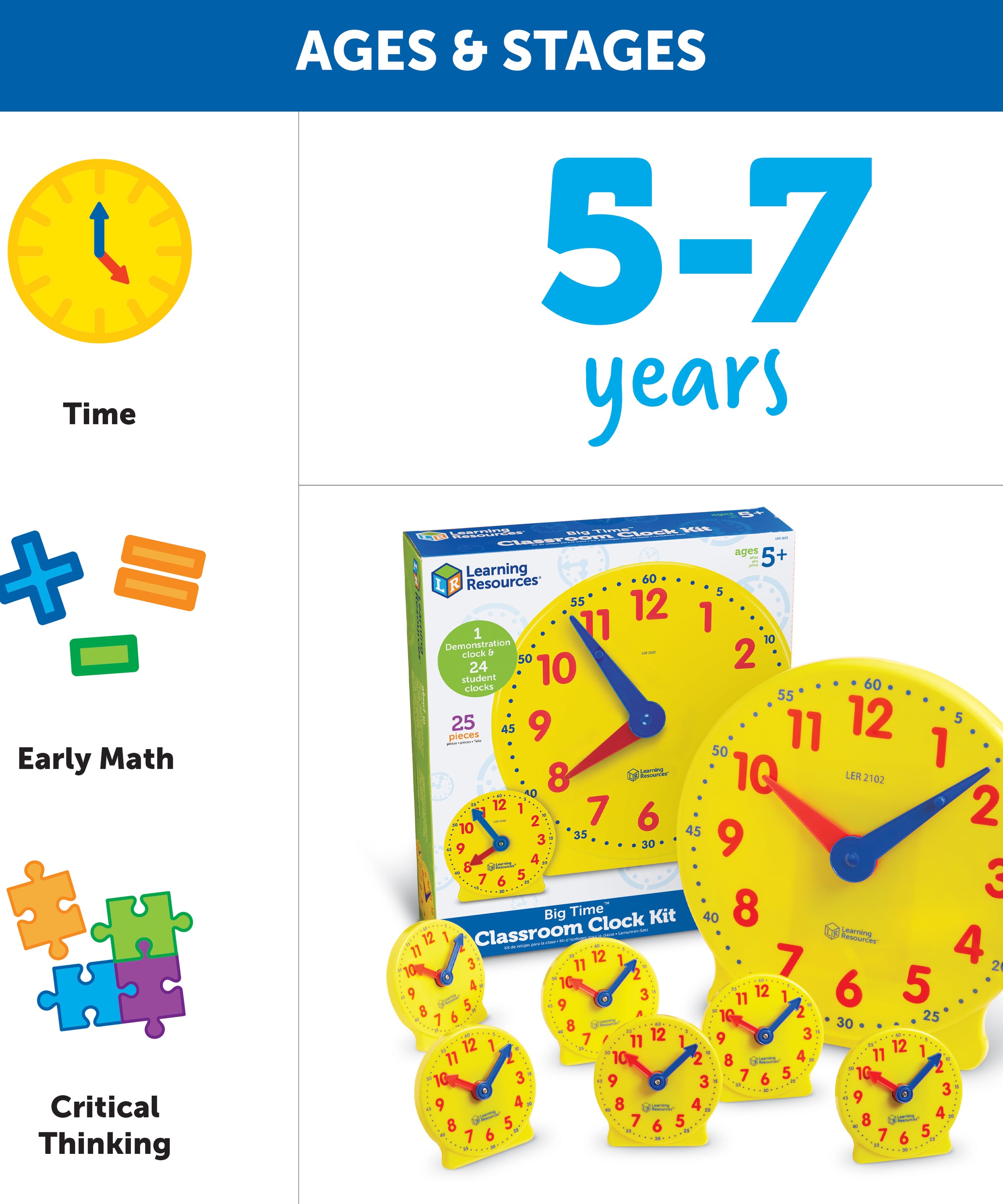 Learning Resources Big Time Classroom Clock Kit, 24 Mini Geared Clocks & Demonstration Clock for Time-Telling Practice