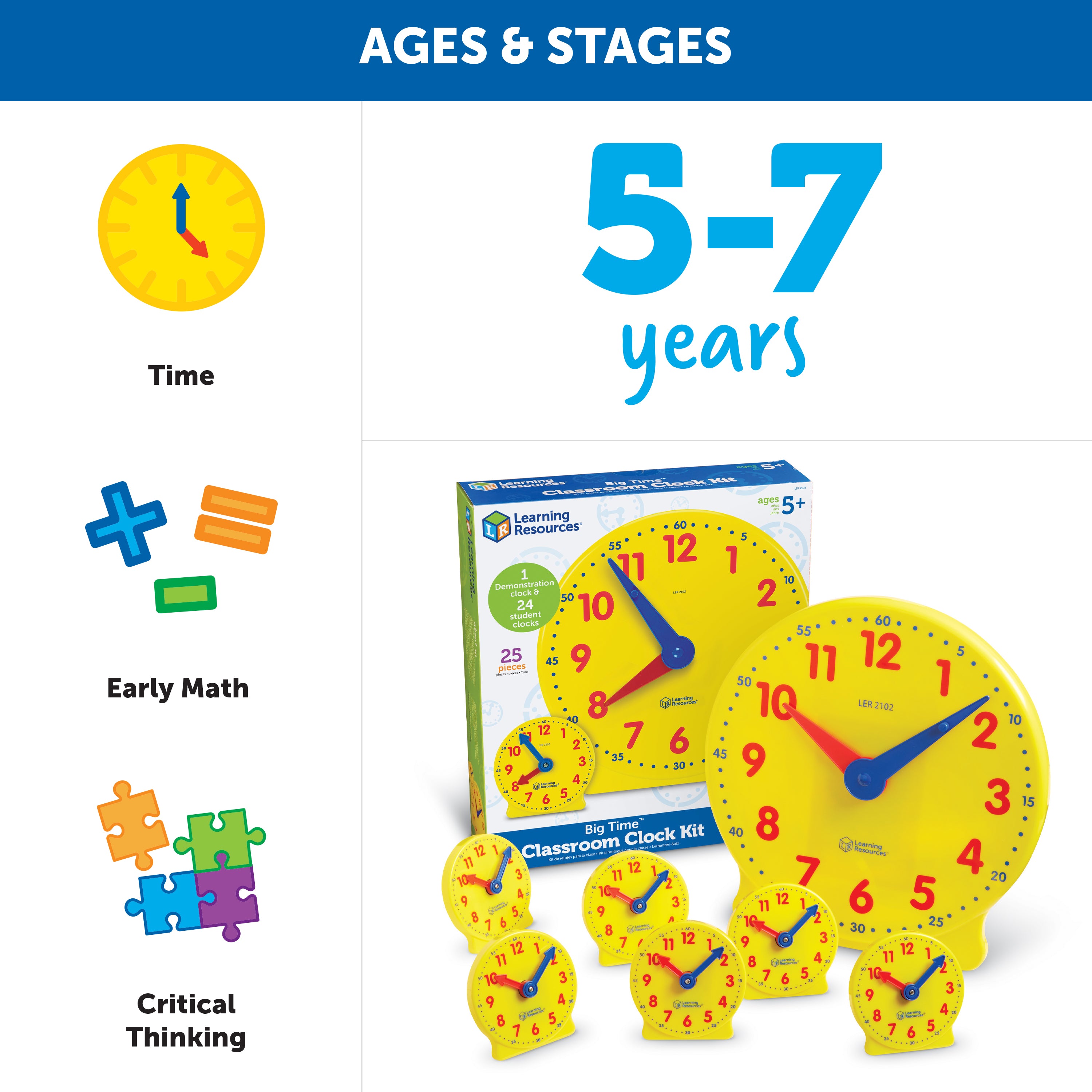 Learning Resources Big Time Classroom Clock Kit, 24 Mini Geared Clocks & Demonstration Clock for Time-Telling Practice
