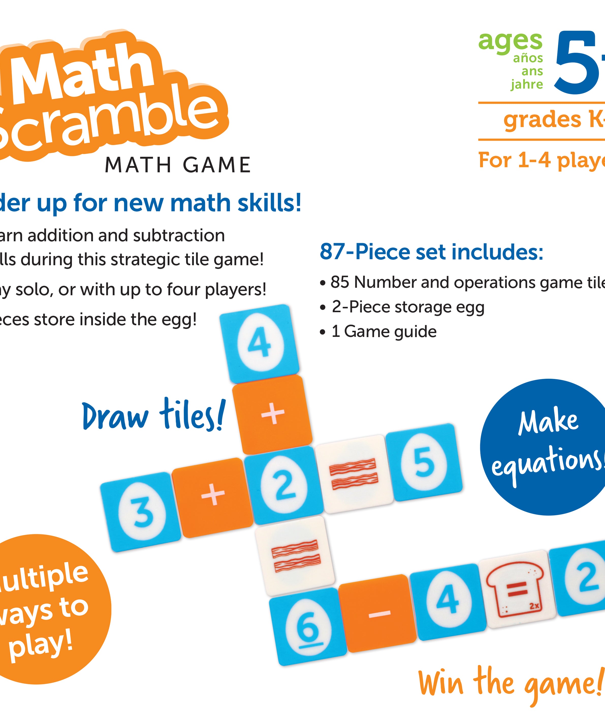 Learning Resources Math Scramble, Addition and Subtraction Game for Kids, 87 Piece Maths Game in Storage Egg, Ages 5+