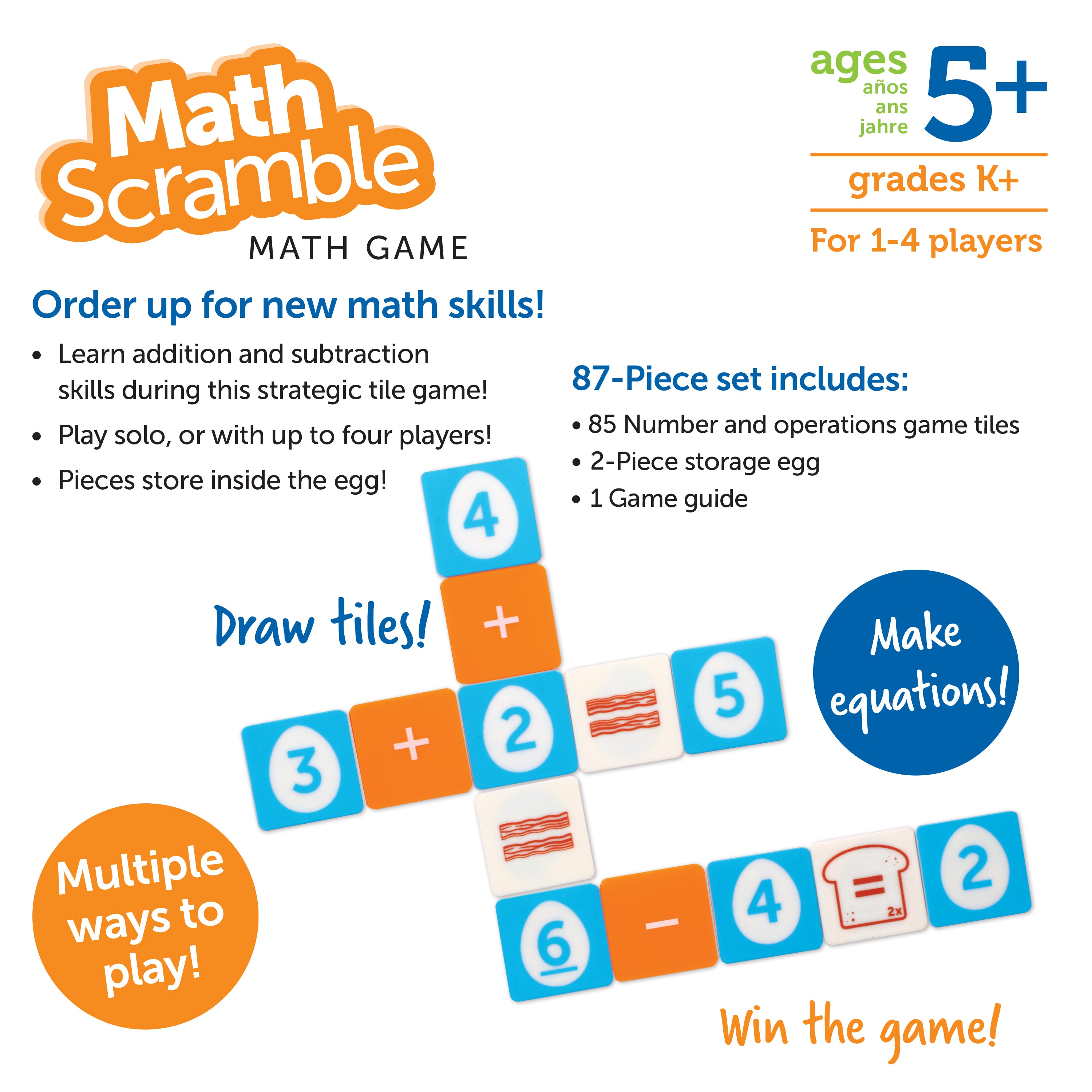 Learning Resources Math Scramble, Addition and Subtraction Game for Kids, 87 Piece Maths Game in Storage Egg, Ages 5+