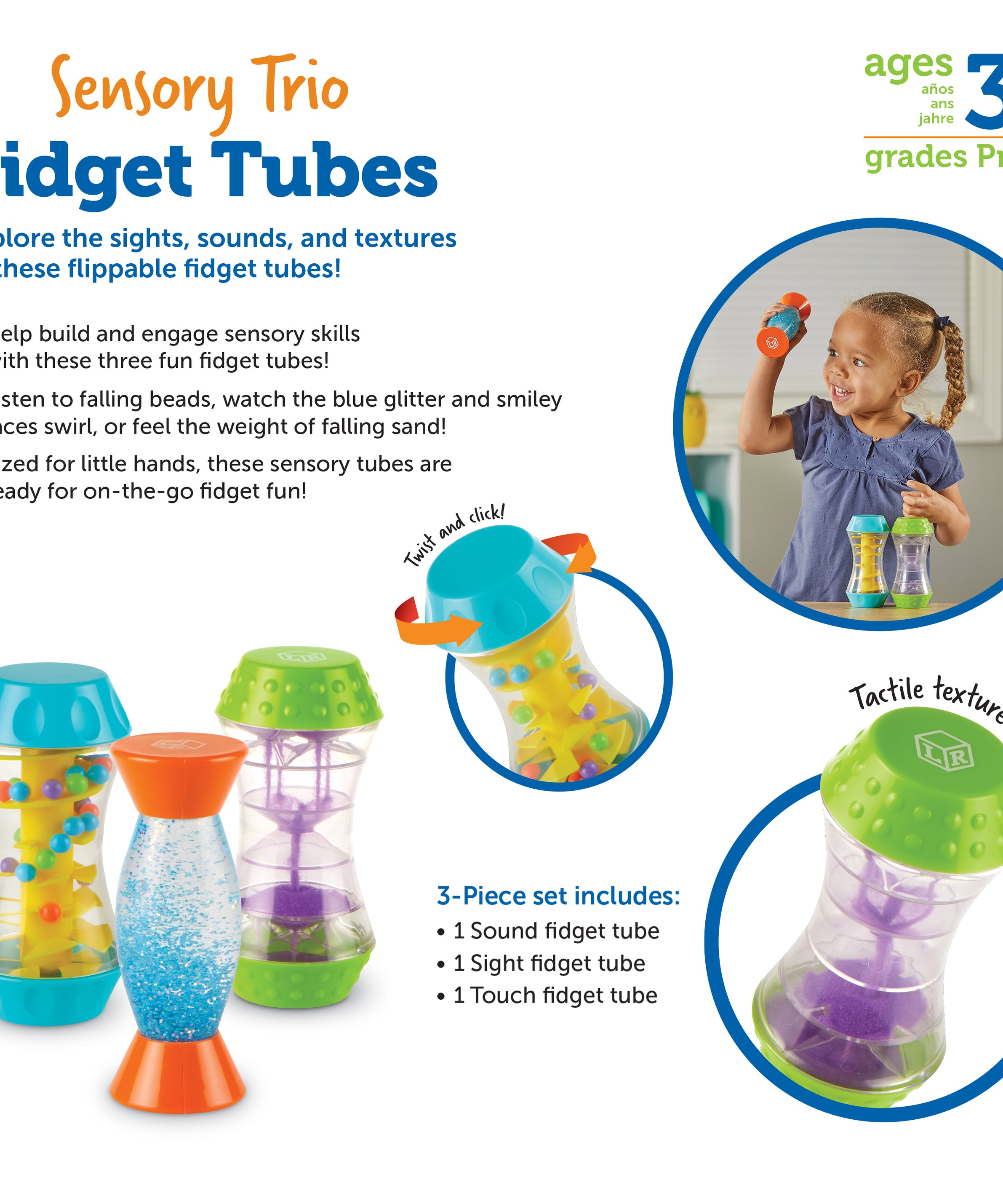 Learning Resources Sensory Trio Fidget Tubes Set of 3 Sensory Toys for Kids Ages 3 Plus