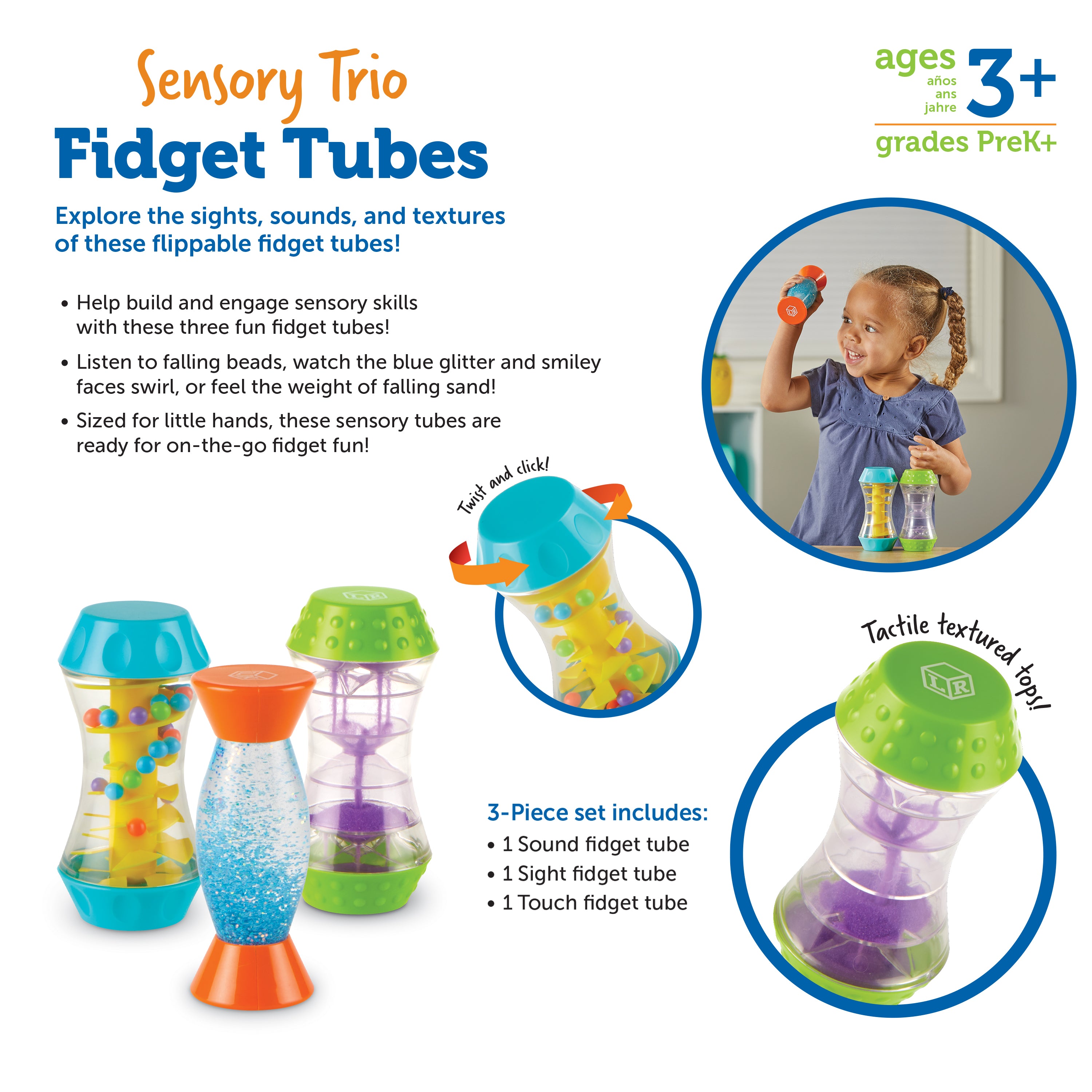 Learning Resources Sensory Trio Fidget Tubes Set of 3 Sensory Toys for Kids Ages 3 Plus
