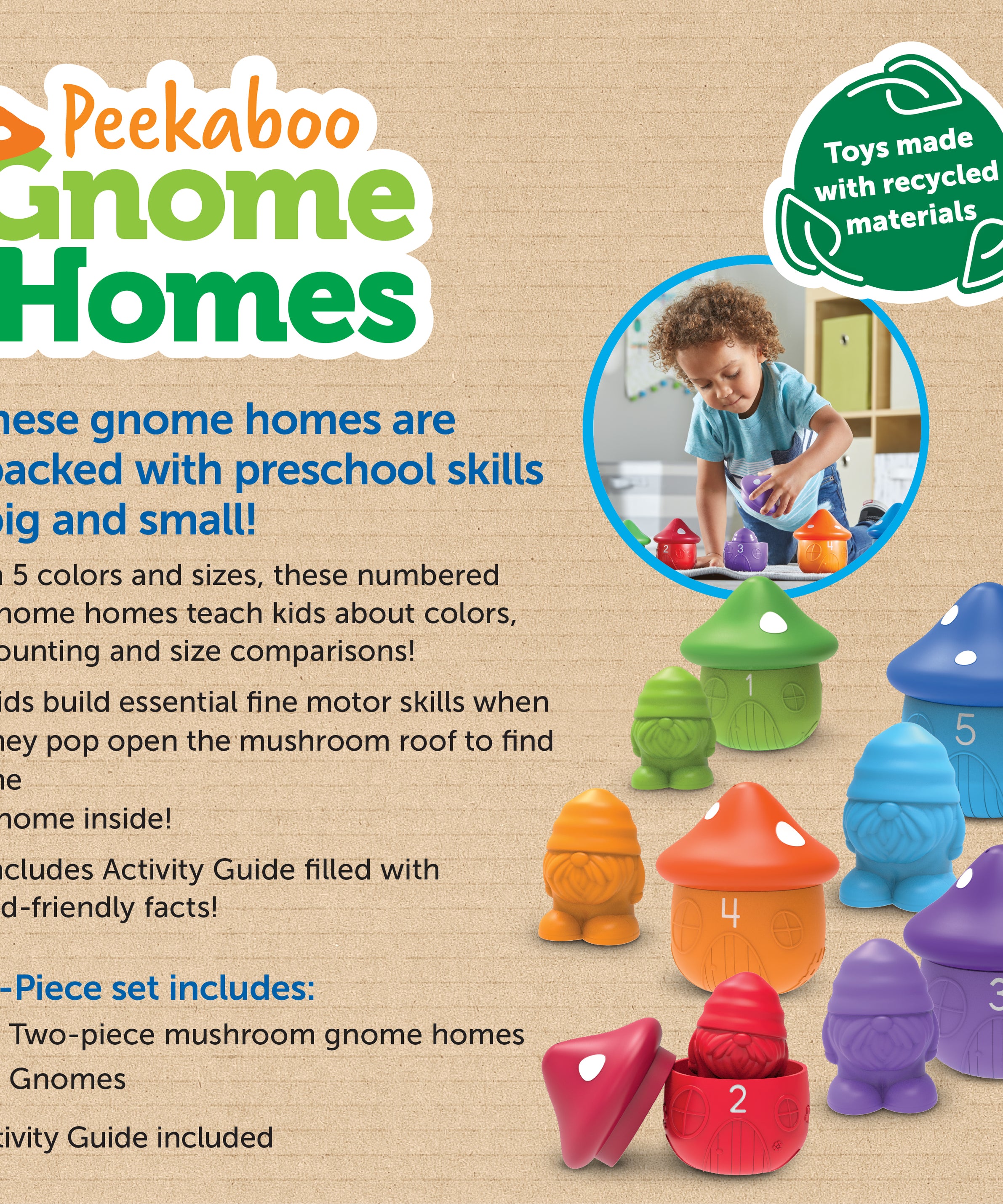 Learning Resources Peekaboo Gnome Homes, Colour, Counting, and Fine Motor Toy Set with 5 Gnomes and Toadstool Houses, Sustainable Learning Toy for Toddlers Ages 18 Months+