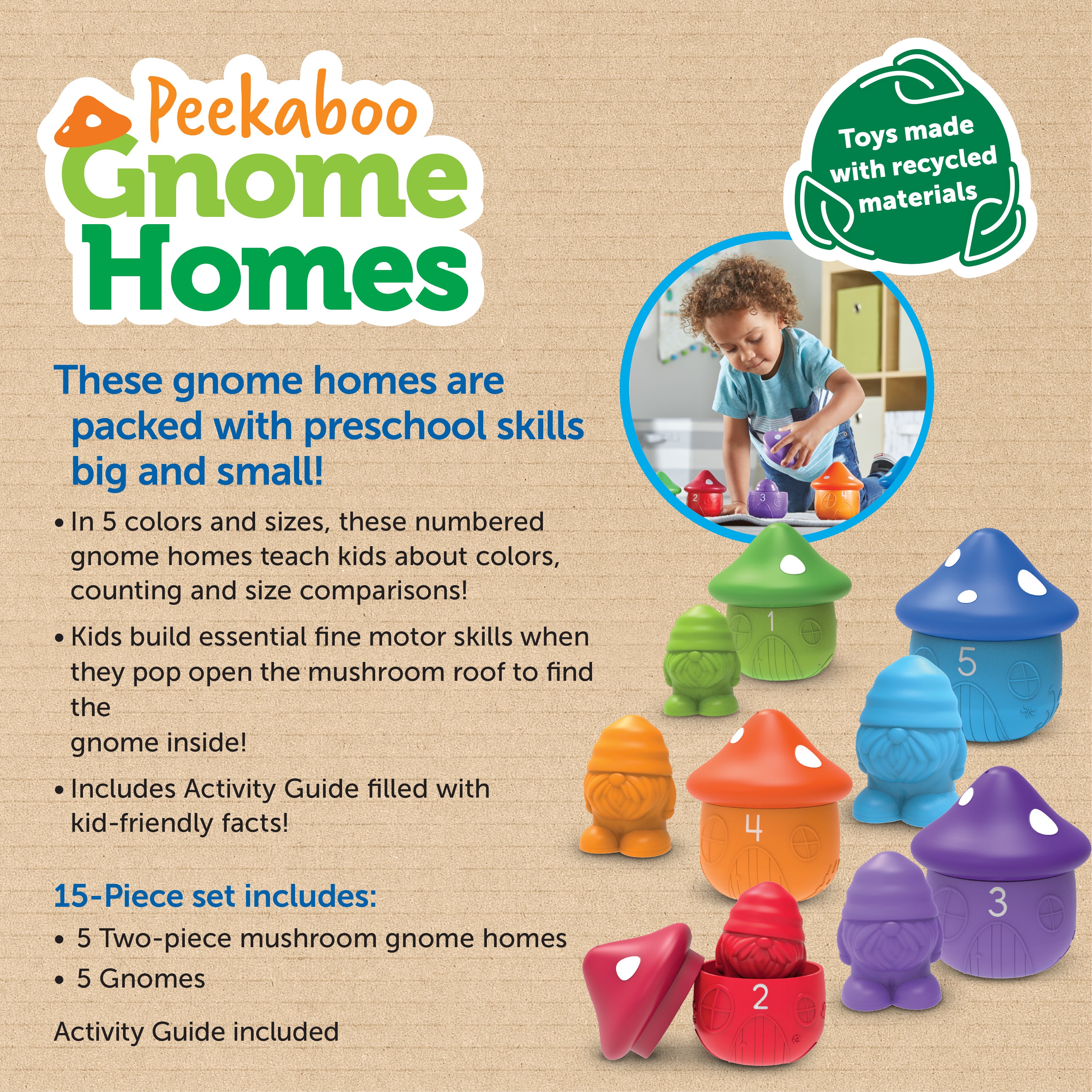 Learning Resources Peekaboo Gnome Homes, Colour, Counting, and Fine Motor Toy Set with 5 Gnomes and Toadstool Houses, Sustainable Learning Toy for Toddlers Ages 18 Months+