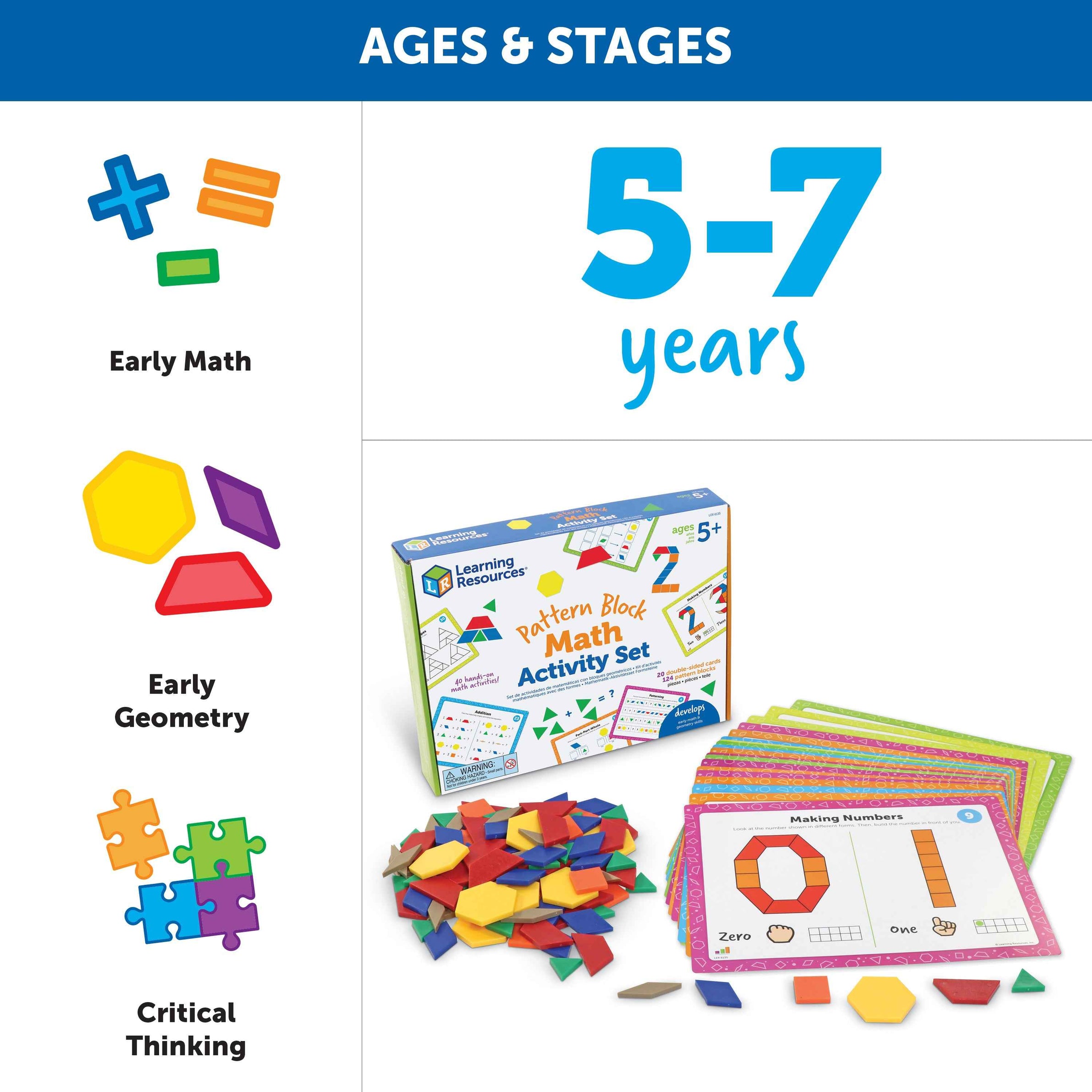 Learning Resources Pattern Block Math Activity Set, 124 Plastic Pattern Blocks, 20 Double-Sided Activity Cards, Hands-On Maths & STEM Learning, Ages 5+