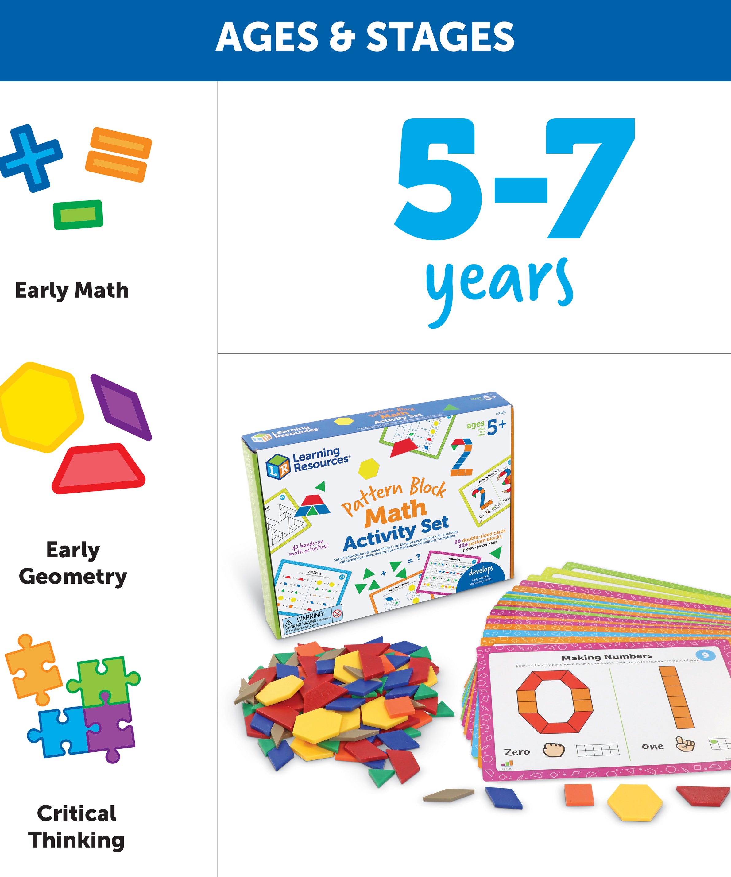 Learning Resources Pattern Block Math Activity Set, 124 Plastic Pattern Blocks, 20 Double-Sided Activity Cards, Hands-On Maths & STEM Learning, Ages 5+
