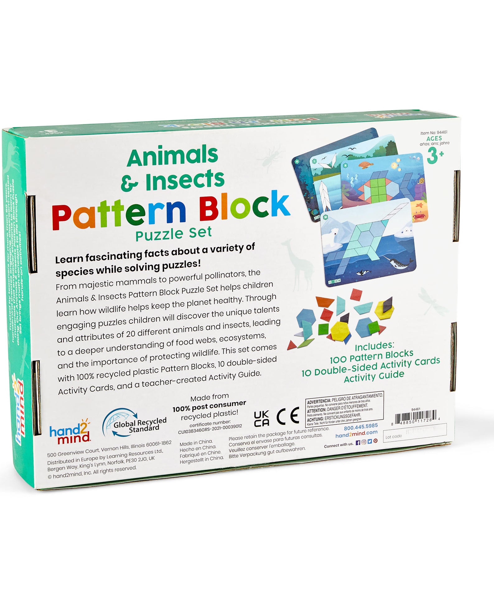 Learning Resources Animals & Insects Pattern Block Puzzle Set, 100 Colourful Pattern Blocks, 10 Double-Sided Puzzle Cards, Recycled Plastic, Early Maths & Shape Recognition, Ages 3+