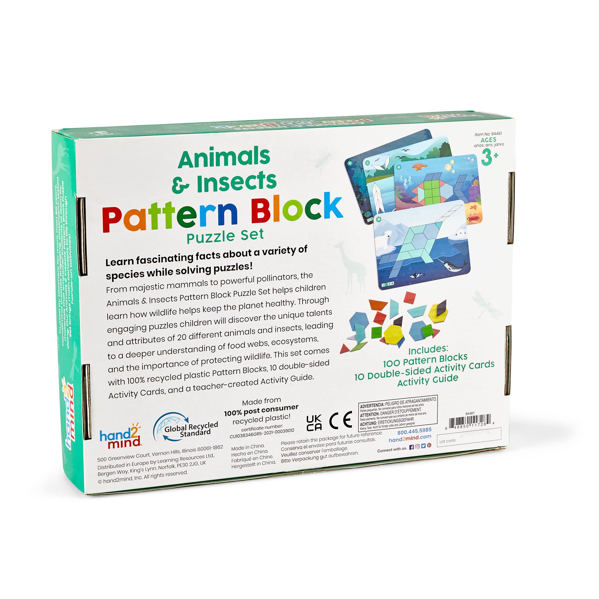 Learning Resources Animals & Insects Pattern Block Puzzle Set, 100 Colourful Pattern Blocks, 10 Double-Sided Puzzle Cards, Recycled Plastic, Early Maths & Shape Recognition, Ages 3+