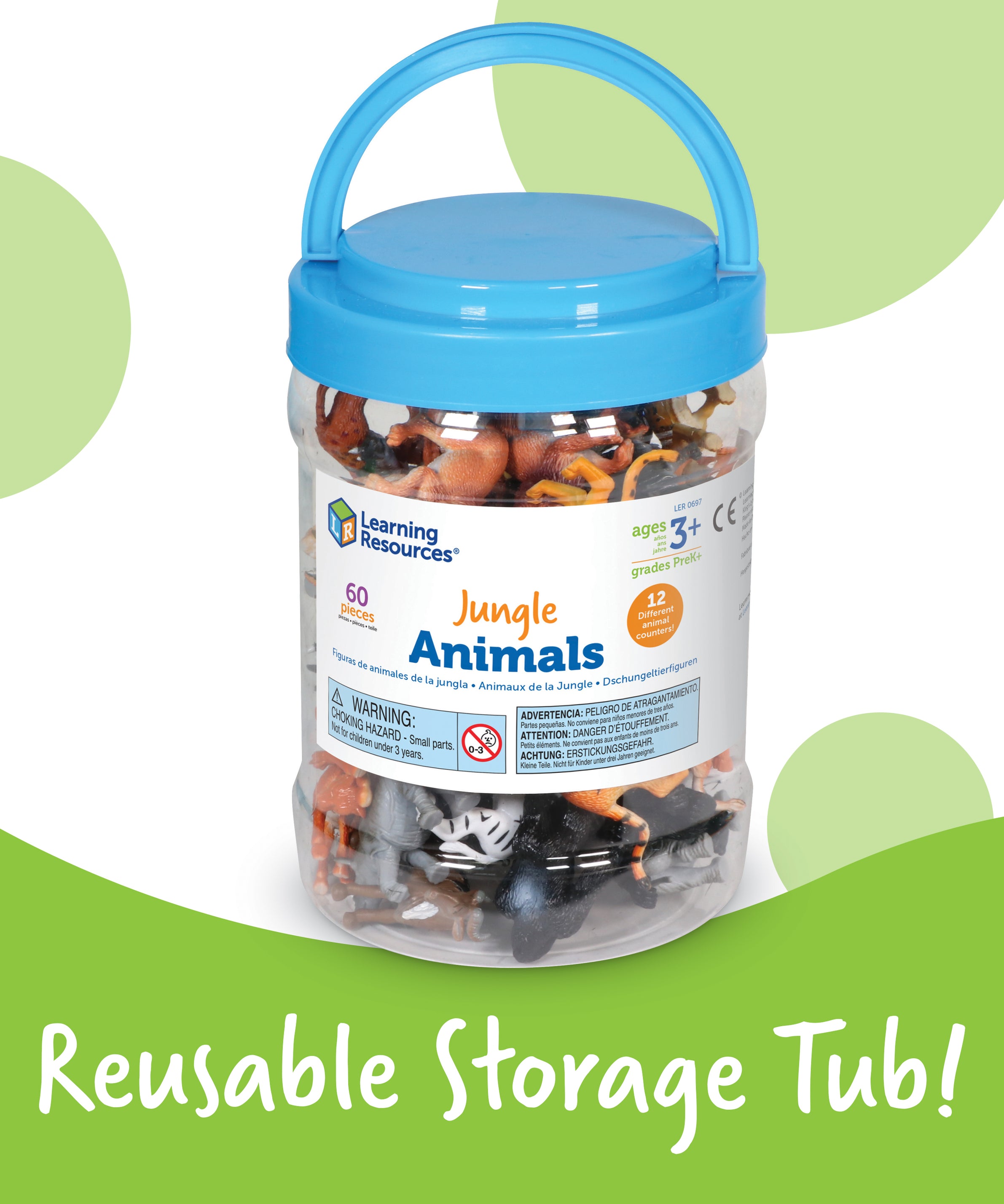 Learning Resources Jungle Animal Counters, Set of 60, Colourful & Realistic Jungle Animal Figures for Counting, Sorting & Imaginative Play, Includes Storage Bucket & Animal Fun Facts, Ages 3+