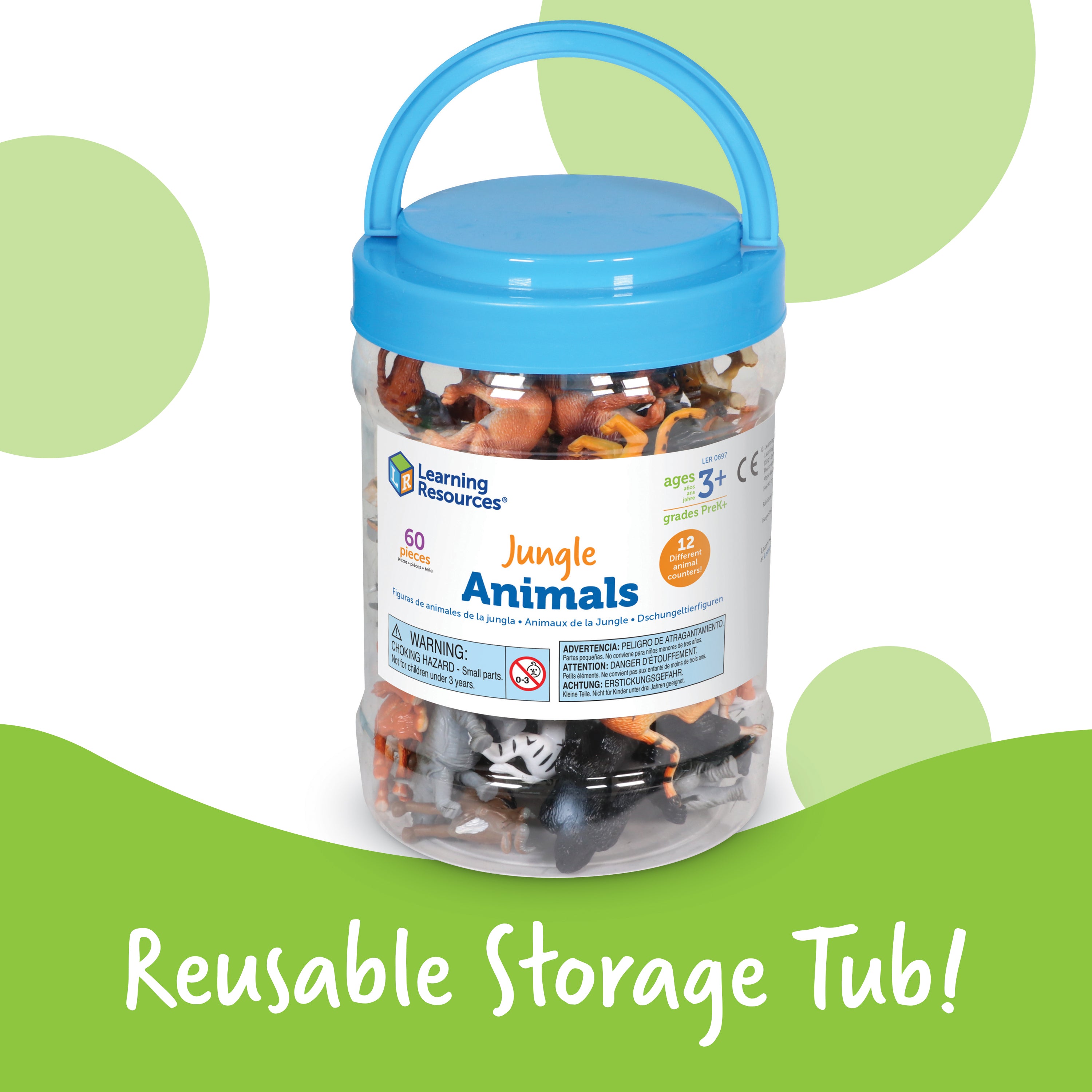 Learning Resources Jungle Animal Counters, Set of 60, Colourful & Realistic Jungle Animal Figures for Counting, Sorting & Imaginative Play, Includes Storage Bucket & Animal Fun Facts, Ages 3+