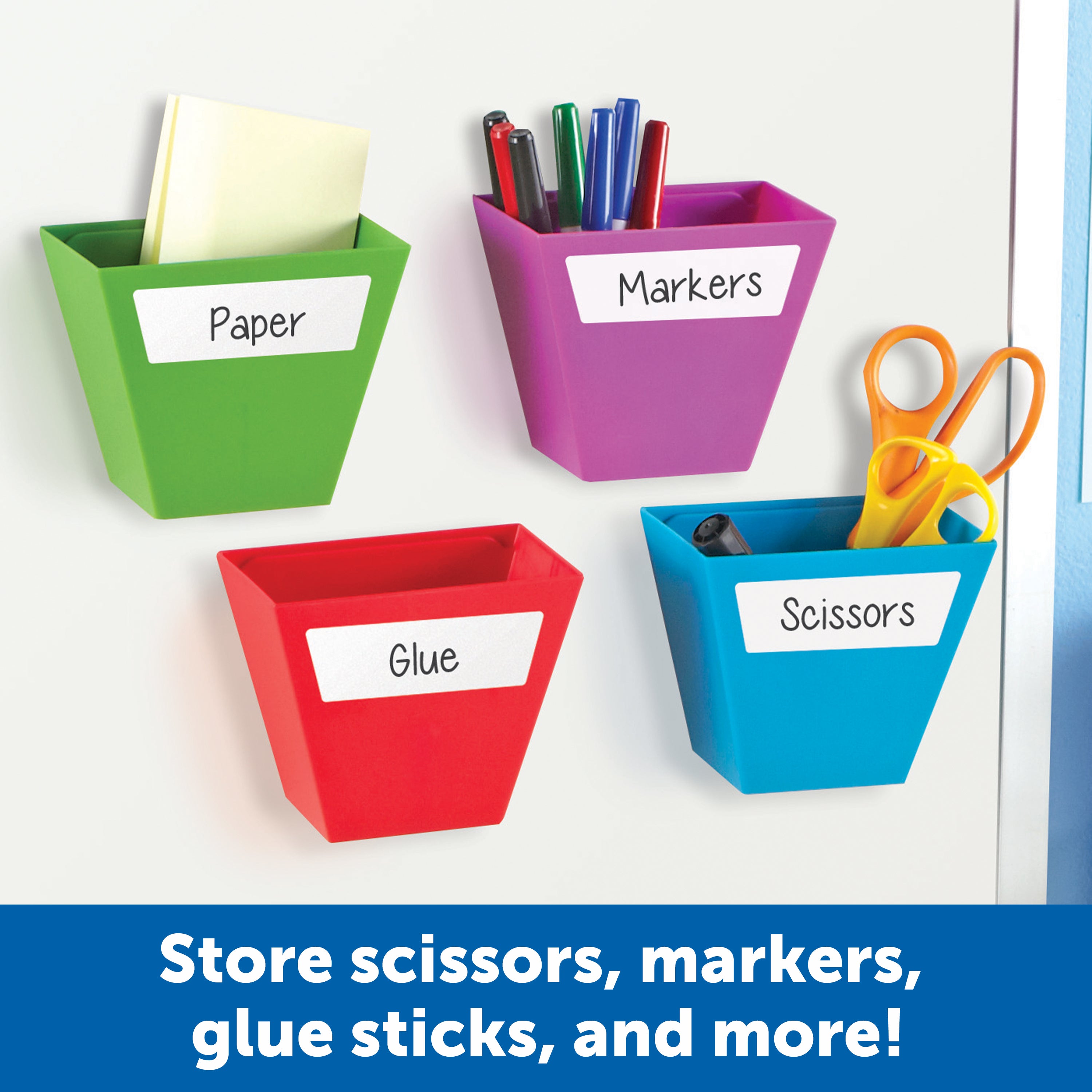 Learning Resources Magnetic Create-a-Space Storage Bins (Set of 4), Vibrant, Multi-Compartment Organizers for Classroom, Office, or Homework Station, Includes Wipe-Clean Labels (9cm x 5cm Each)