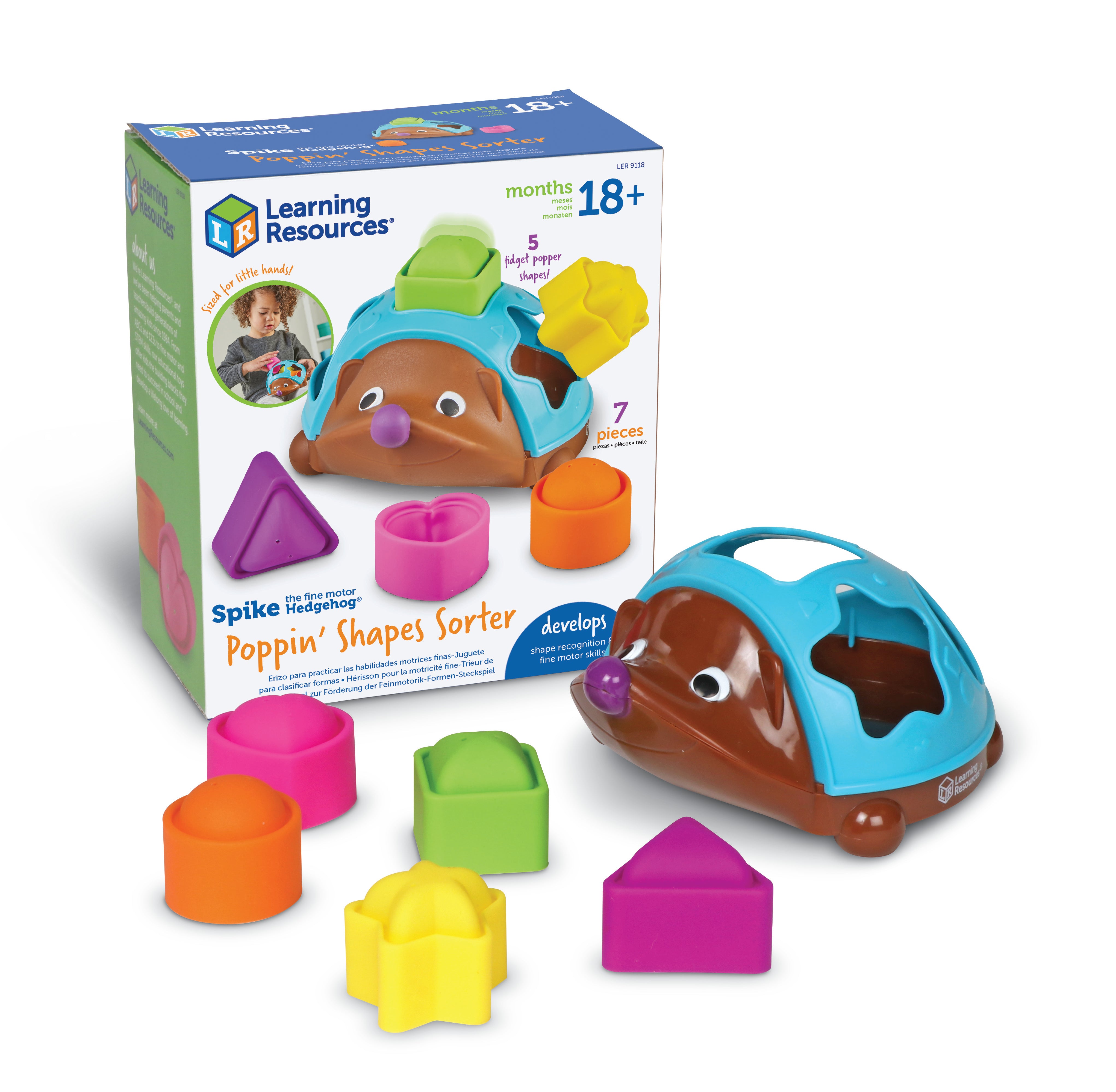 Learning Resources Spike The Fine Motor Hedgehog Poppin Shapes Sorter, 7-Piece Shape Sorting & Fidget Toy for Toddlers, Develops Fine Motor, Colour & Sensory Skills, Ages 18 Months+