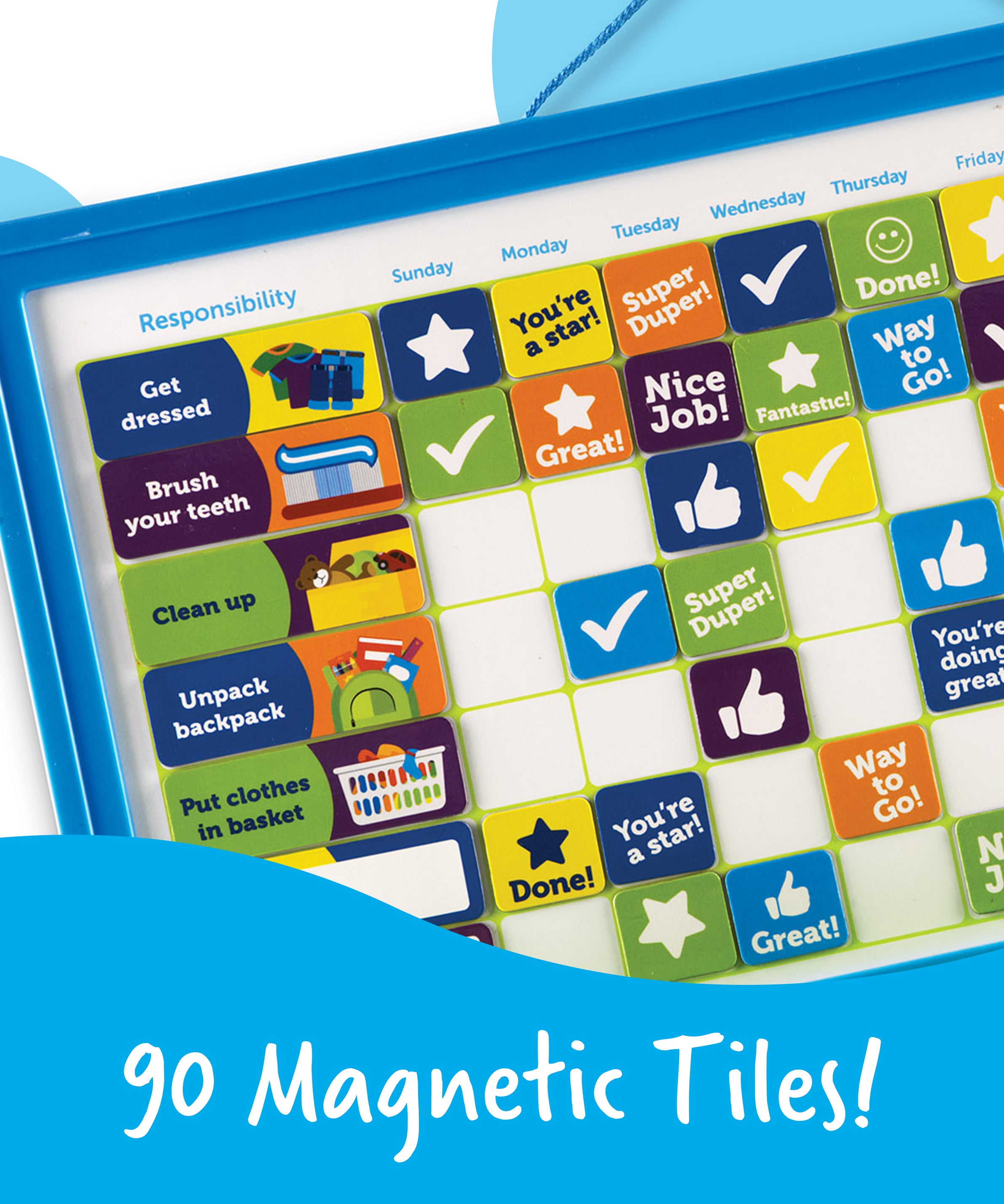 Learning Resources Good Job Magnetic Reward Chart for Kids, Customisable Behavior and Responsibility Tracker with 91 Magnets, Hanging Cord and Storage Tray, Ages 3+