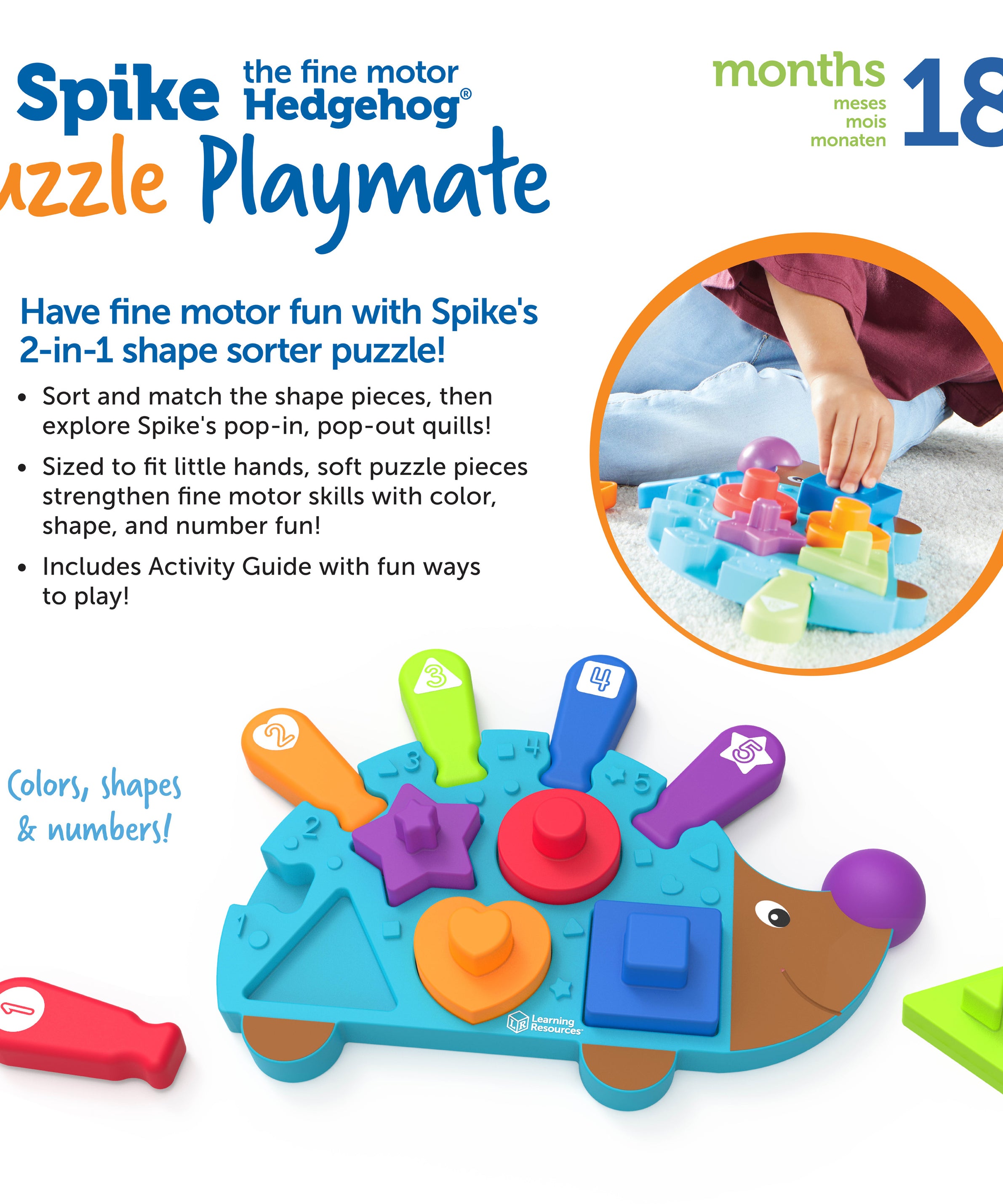 Learning Resources Spike the Fine Motor Hedgehog Puzzle Playmate (LER9103), 2-in-1 Shape Sorter and Puzzle, Fine Motor Skills Development Toy for Toddlers, Ages 18 Months+