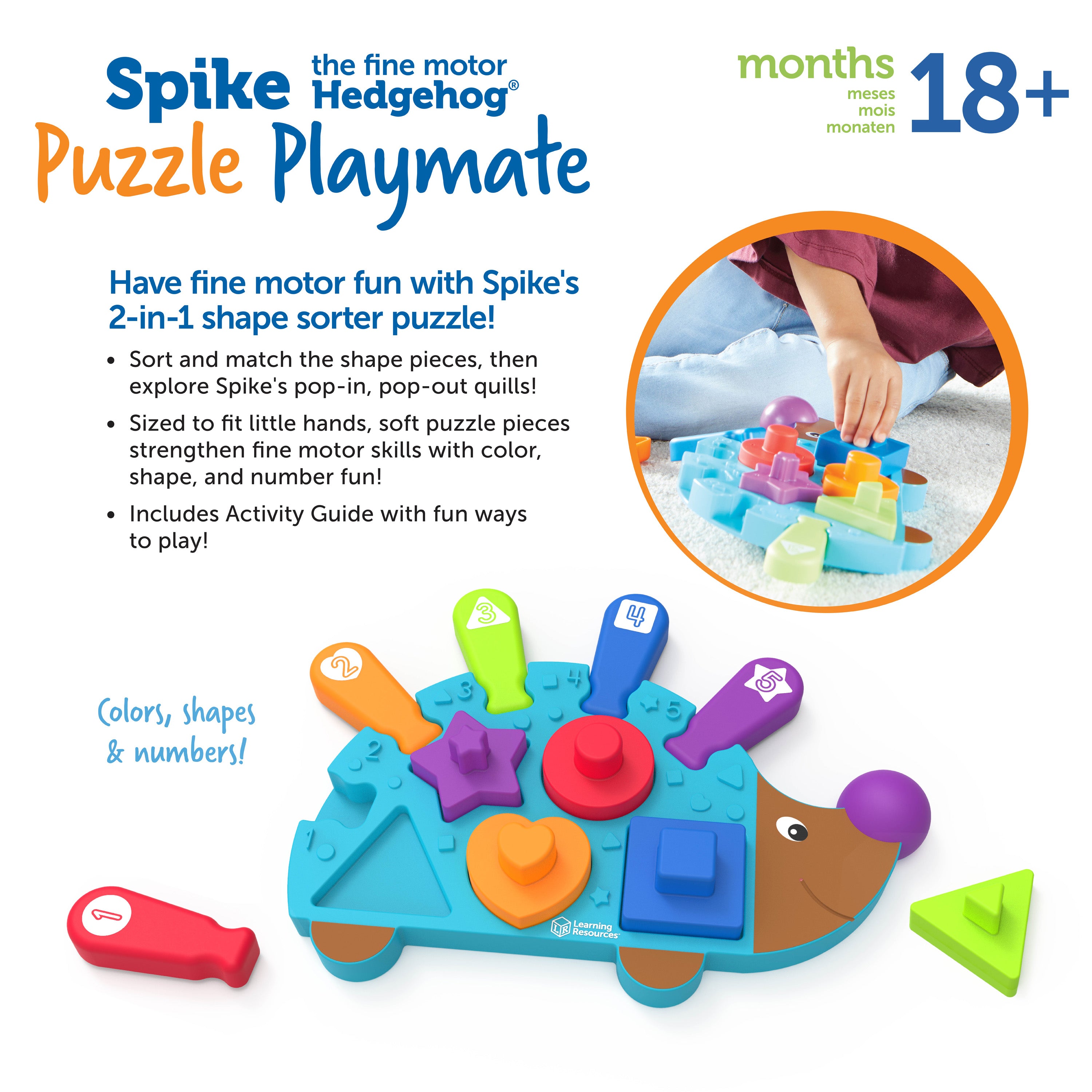 Learning Resources Spike the Fine Motor Hedgehog Puzzle Playmate (LER9103), 2-in-1 Shape Sorter and Puzzle, Fine Motor Skills Development Toy for Toddlers, Ages 18 Months+
