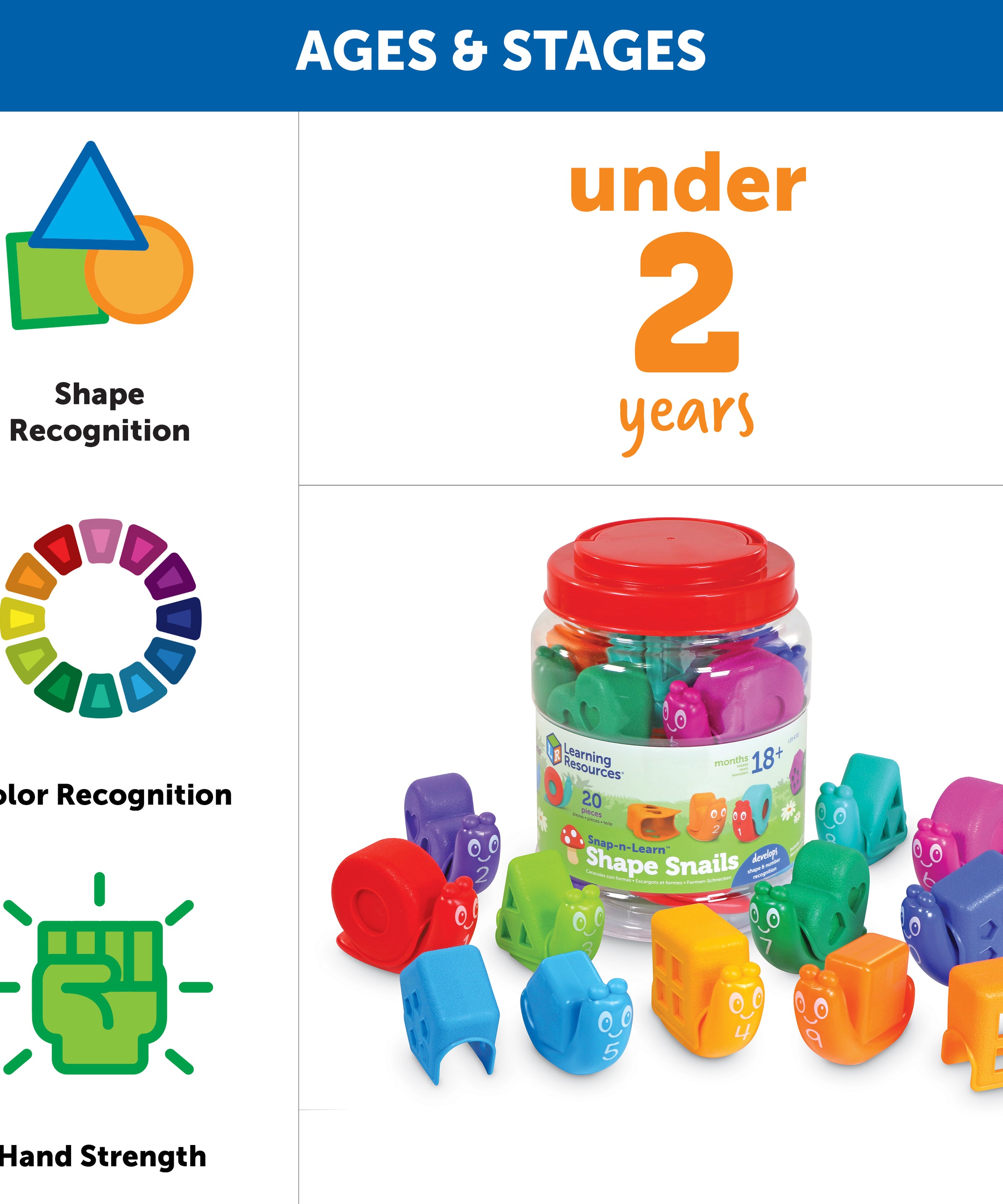 Learning Resources Snap-n-Learn Shape Snails, 20 Piece Toddler Educational Toy Set, Teaches Shapes, Numbers and Colours, Ages 18 Months+
