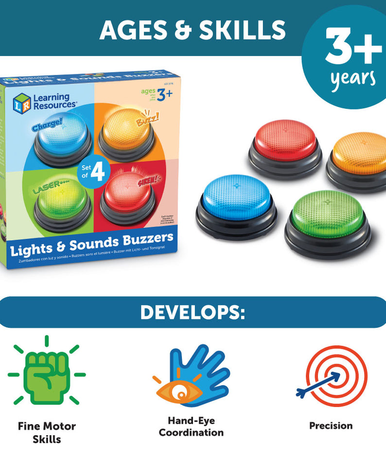 Learning Resources Lights & Sounds Answer Buzzers (Set of 4), Light-Up Game Show Style Buzzers with 4 Distinct Sounds for Classroom, Trivia, and Family Fun (Ages 3+)
