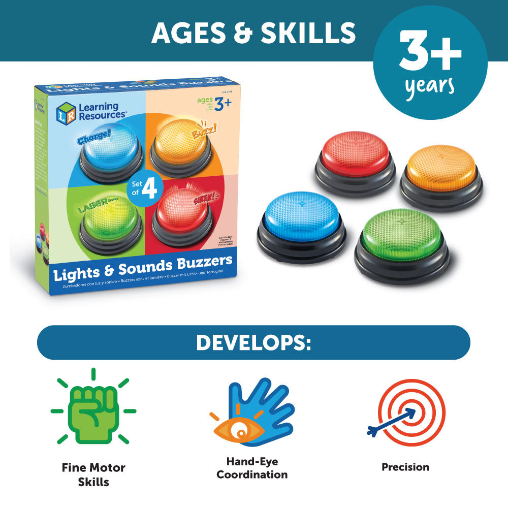 Learning Resources Lights & Sounds Answer Buzzers (Set of 4), Light-Up Game Show Style Buzzers with 4 Distinct Sounds for Classroom, Trivia, and Family Fun (Ages 3+)