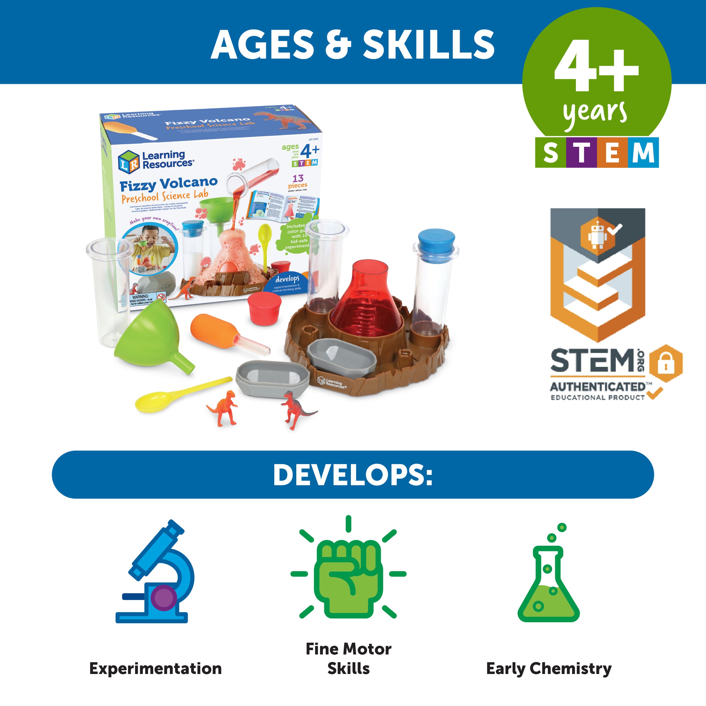 Learning Resources Fizzy Volcano Preschool Science Lab Set Ages 4+, Fizzy Foamy Reactions Chemistry Experiments for Kids, STEM Toys for Kids, 13 Pieces