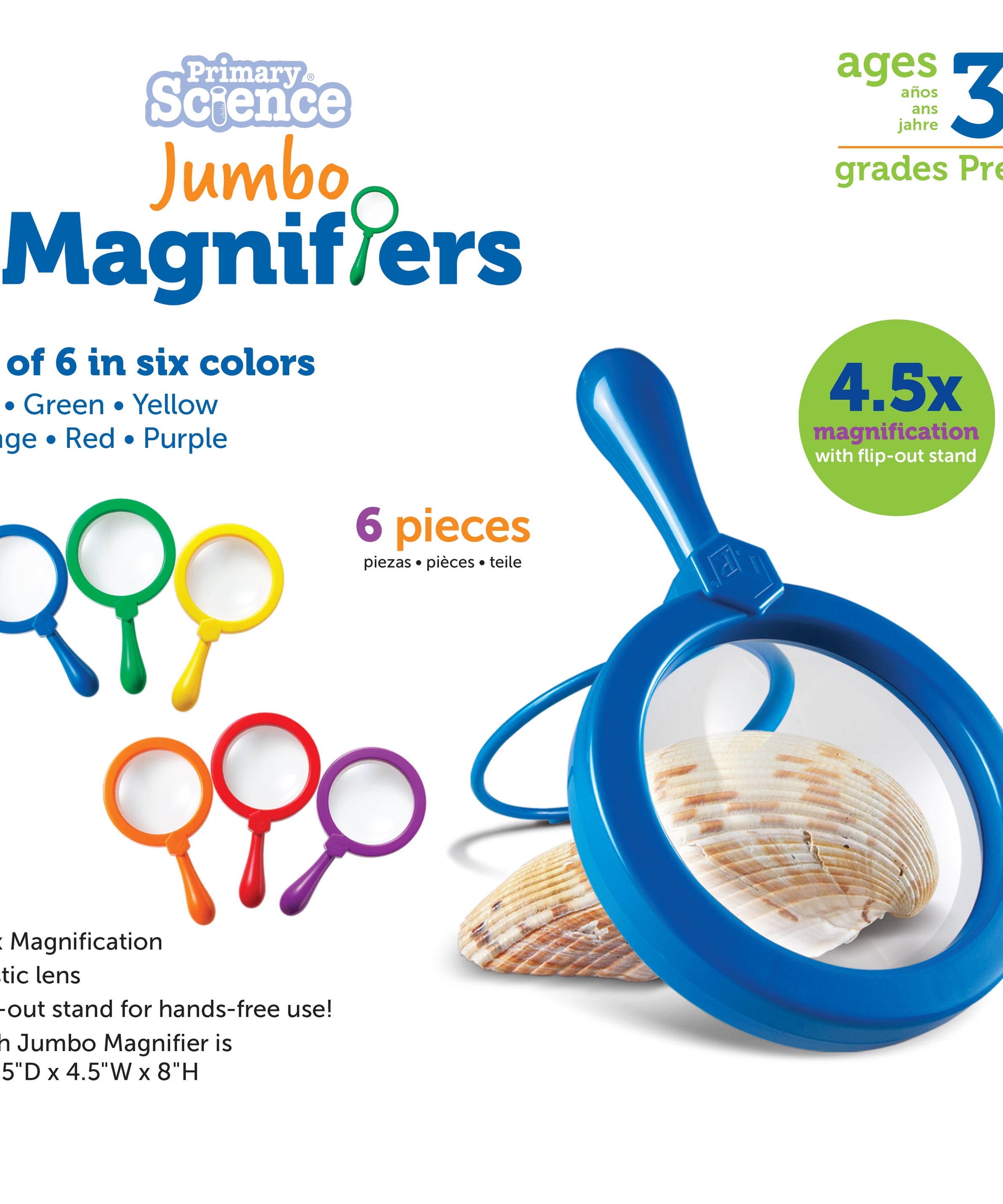 Learning Resources Primary Science Jumbo Magnifiers (Set of 6), 4.5x Magnification, Built-in Stand, Perfect for Little Hands, Ideal for Life Science Lessons, Ages 3+