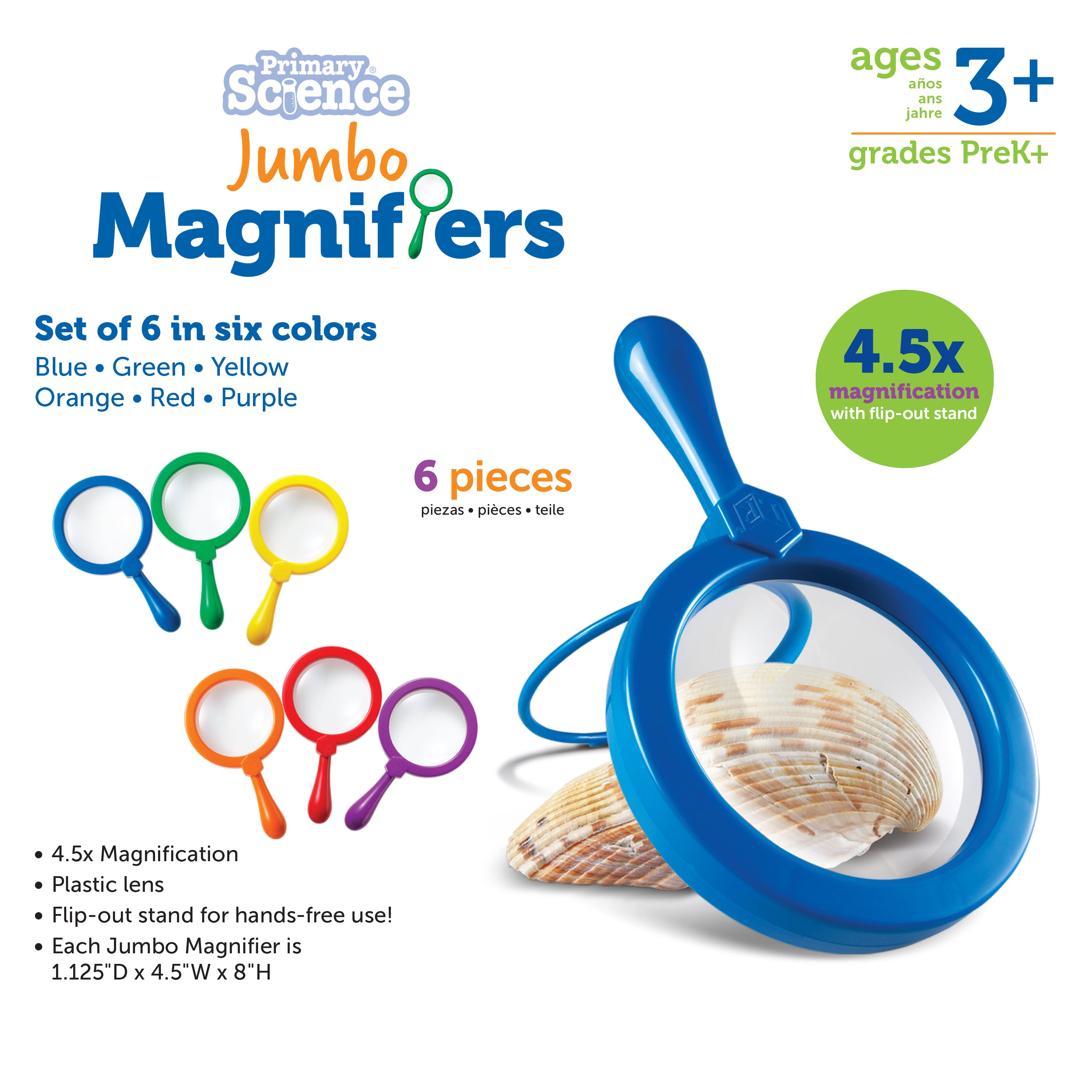 Learning Resources Primary Science Jumbo Magnifiers (Set of 6), 4.5x Magnification, Built-in Stand, Perfect for Little Hands, Ideal for Life Science Lessons, Ages 3+