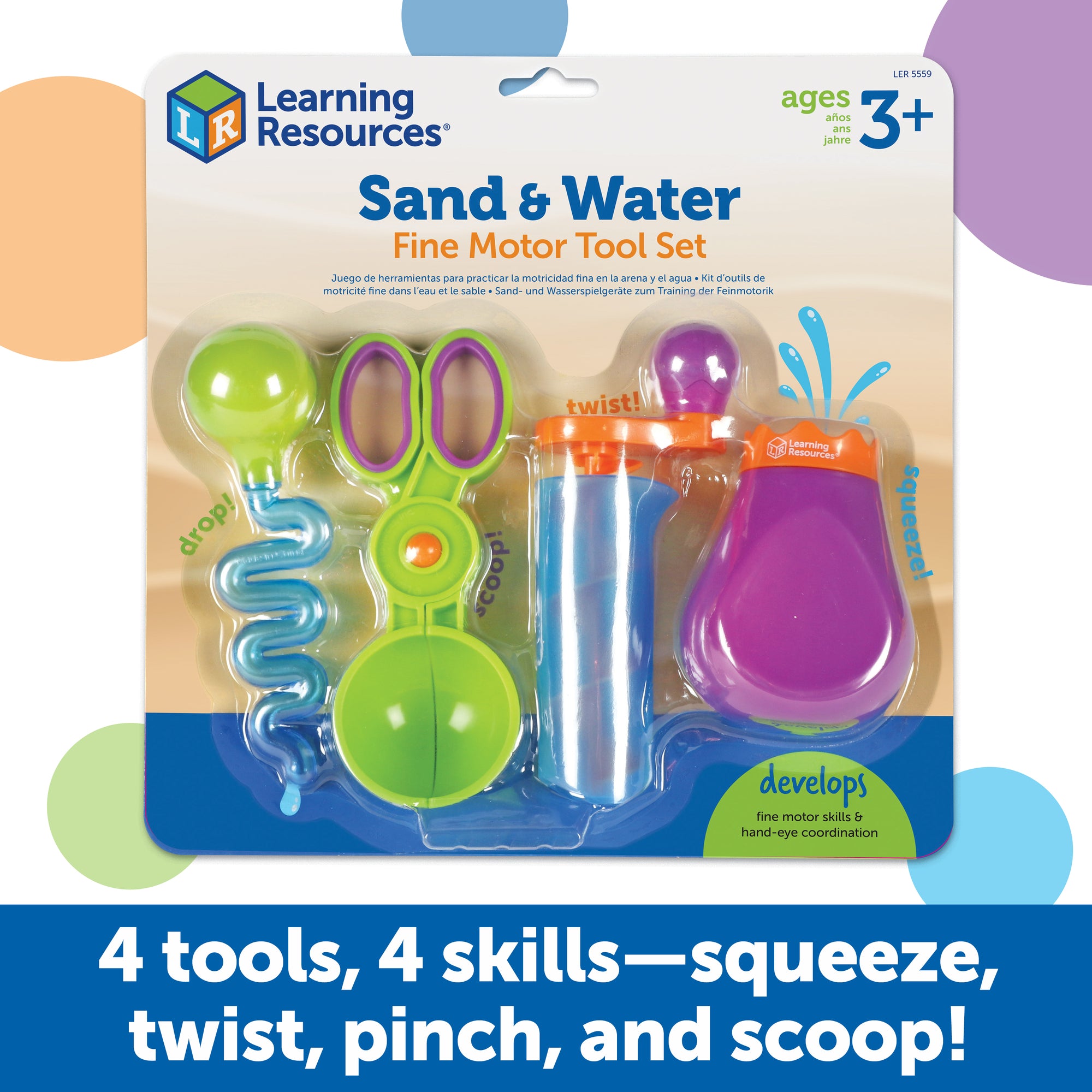 Learning Resources Sand & Water Fine Motor Tool Set, 4 Fun Tools for Sensory Play