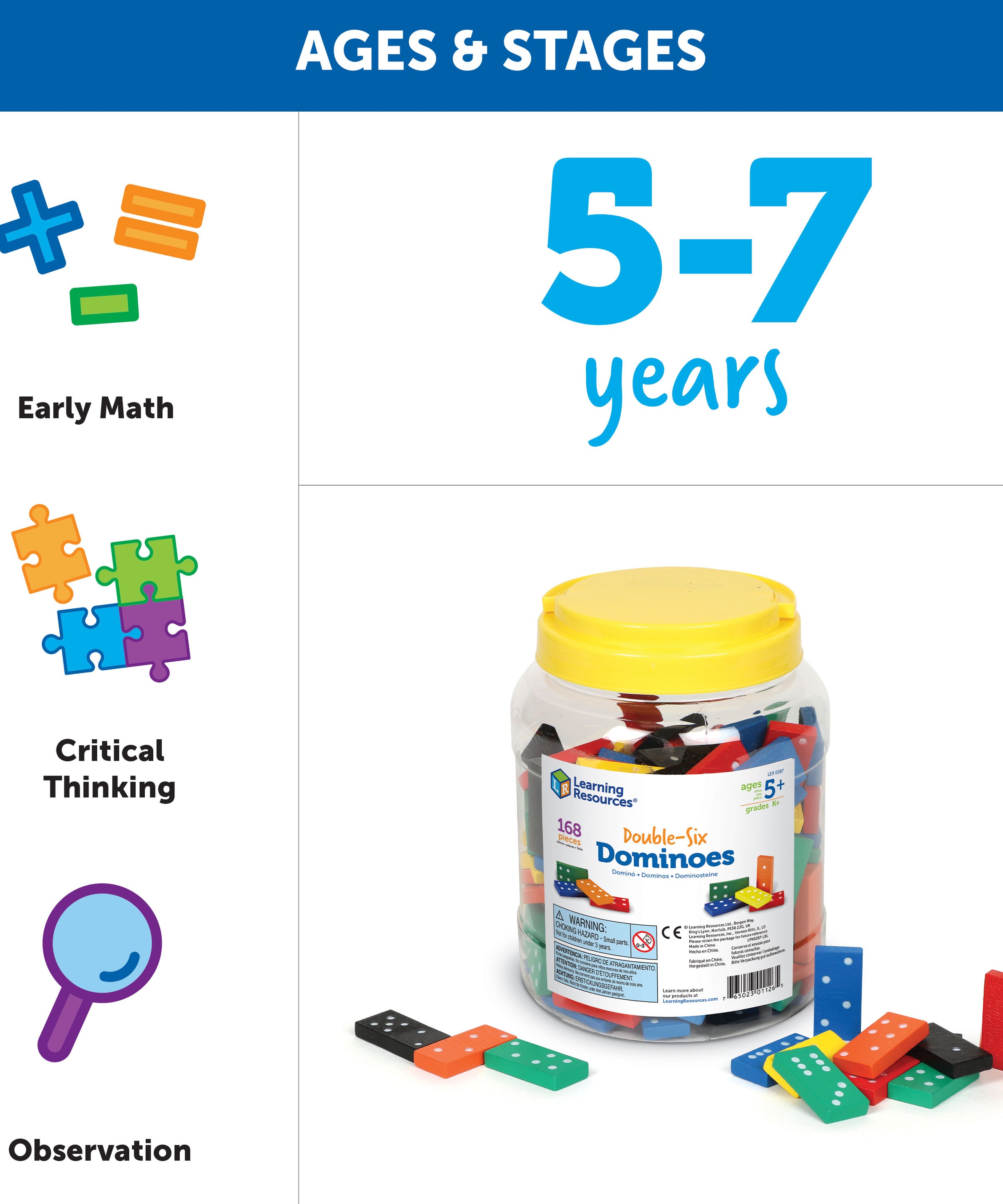 Learning Resources Double-Six Wooden Dominoes, Set of 168 Colourful Wooden Dominoes for Early Maths Activities, Includes Activity Guide, Ages 5+