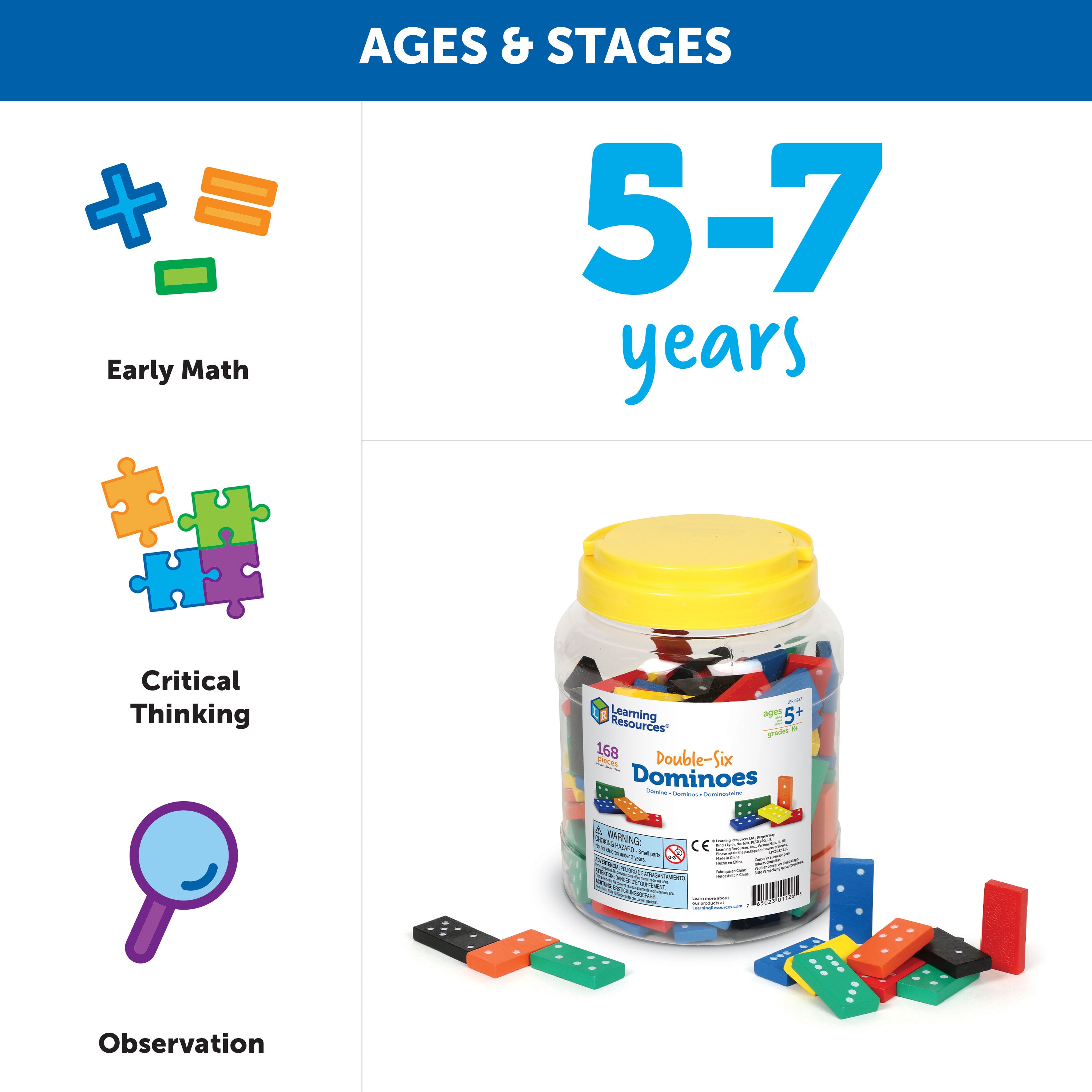 Learning Resources Double-Six Wooden Dominoes, Set of 168 Colourful Wooden Dominoes for Early Maths Activities, Includes Activity Guide, Ages 5+