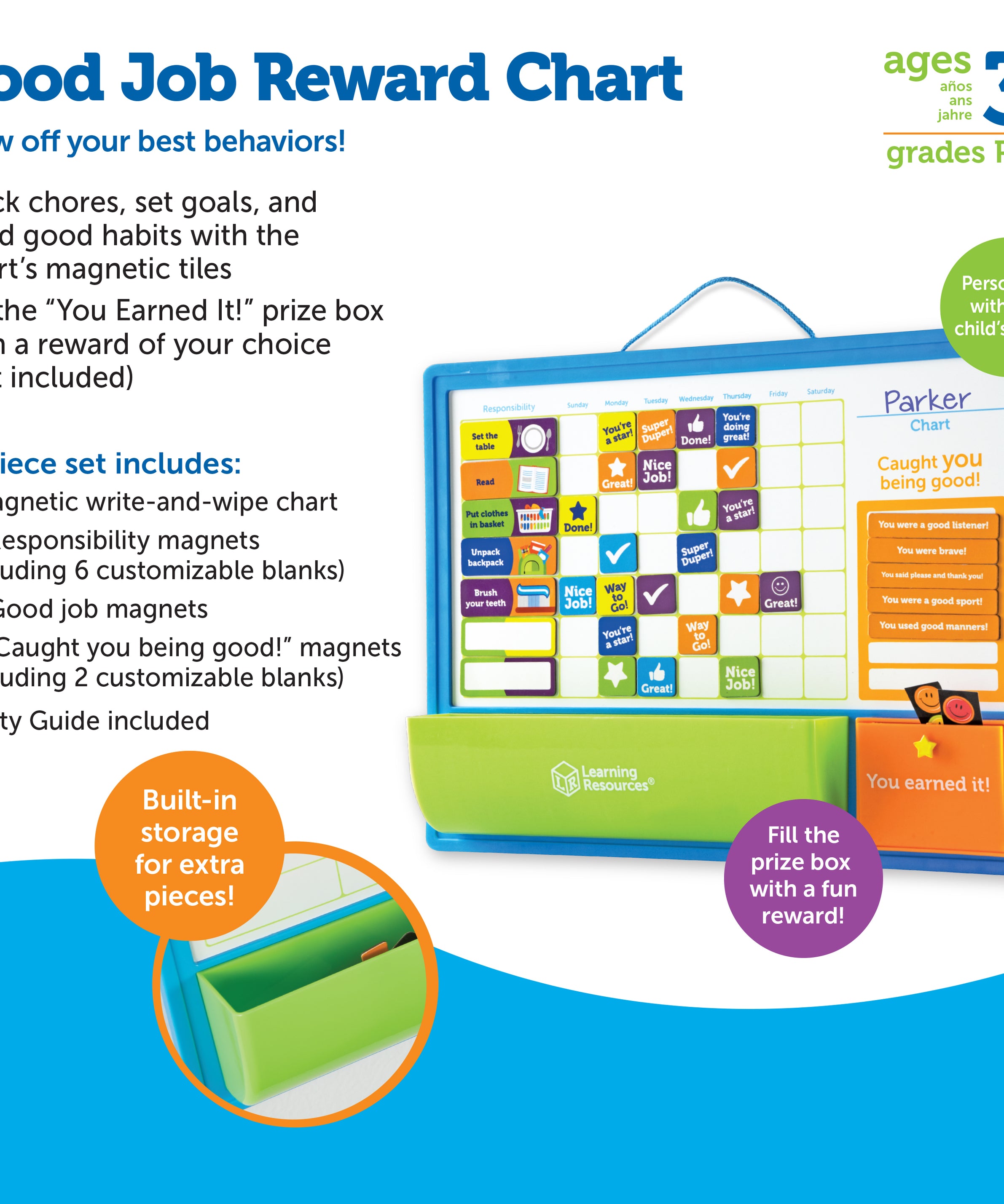 Learning Resources Good Job Magnetic Reward Chart for Kids, Customisable Behavior and Responsibility Tracker with 91 Magnets, Hanging Cord and Storage Tray, Ages 3+
