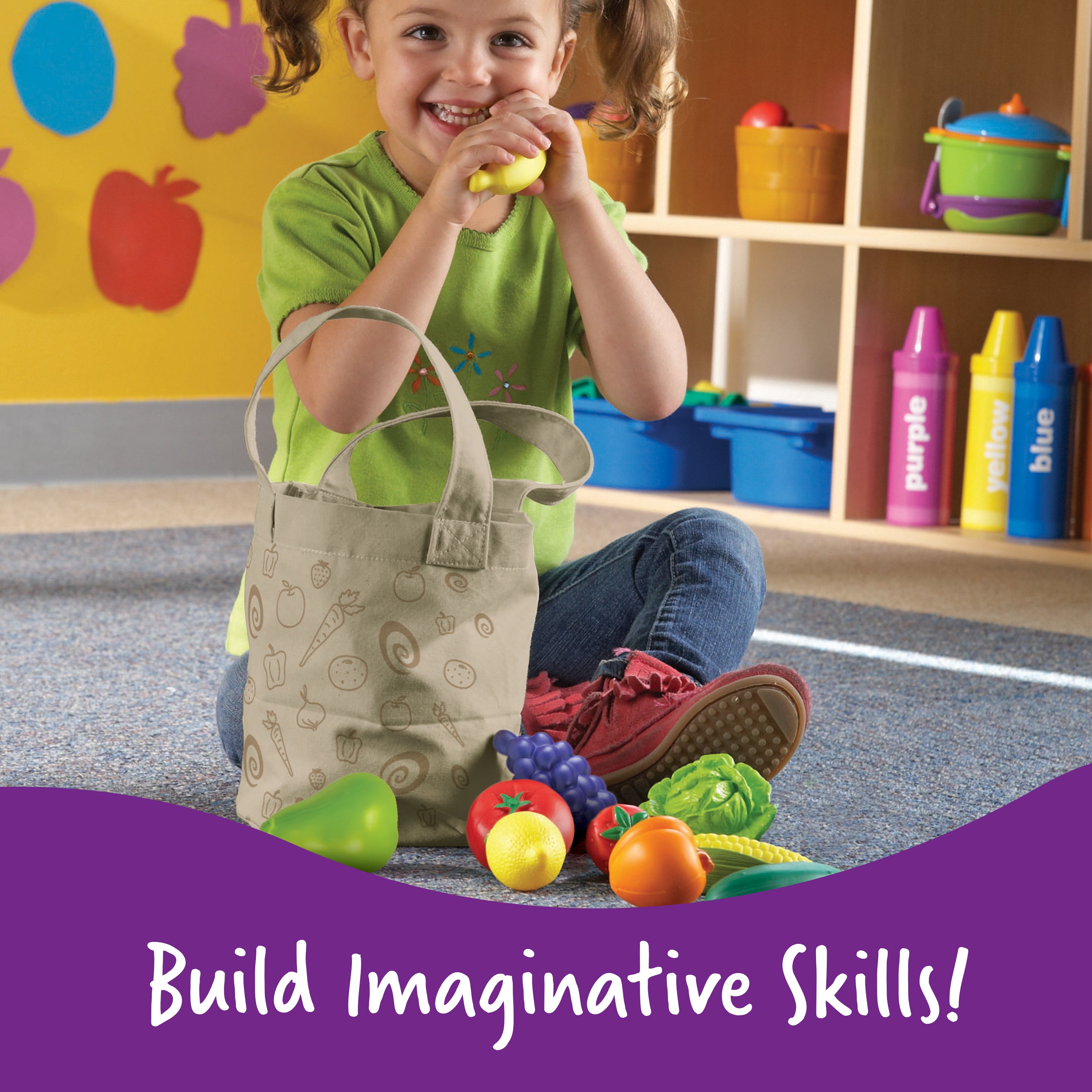 Learning Resources New Sprouts Fruit and Veg Tote, 20 Piece Pretend Food Set for Toddlers, Soft Touch Play Food for Role Play and Healthy Eating, Ages 2+