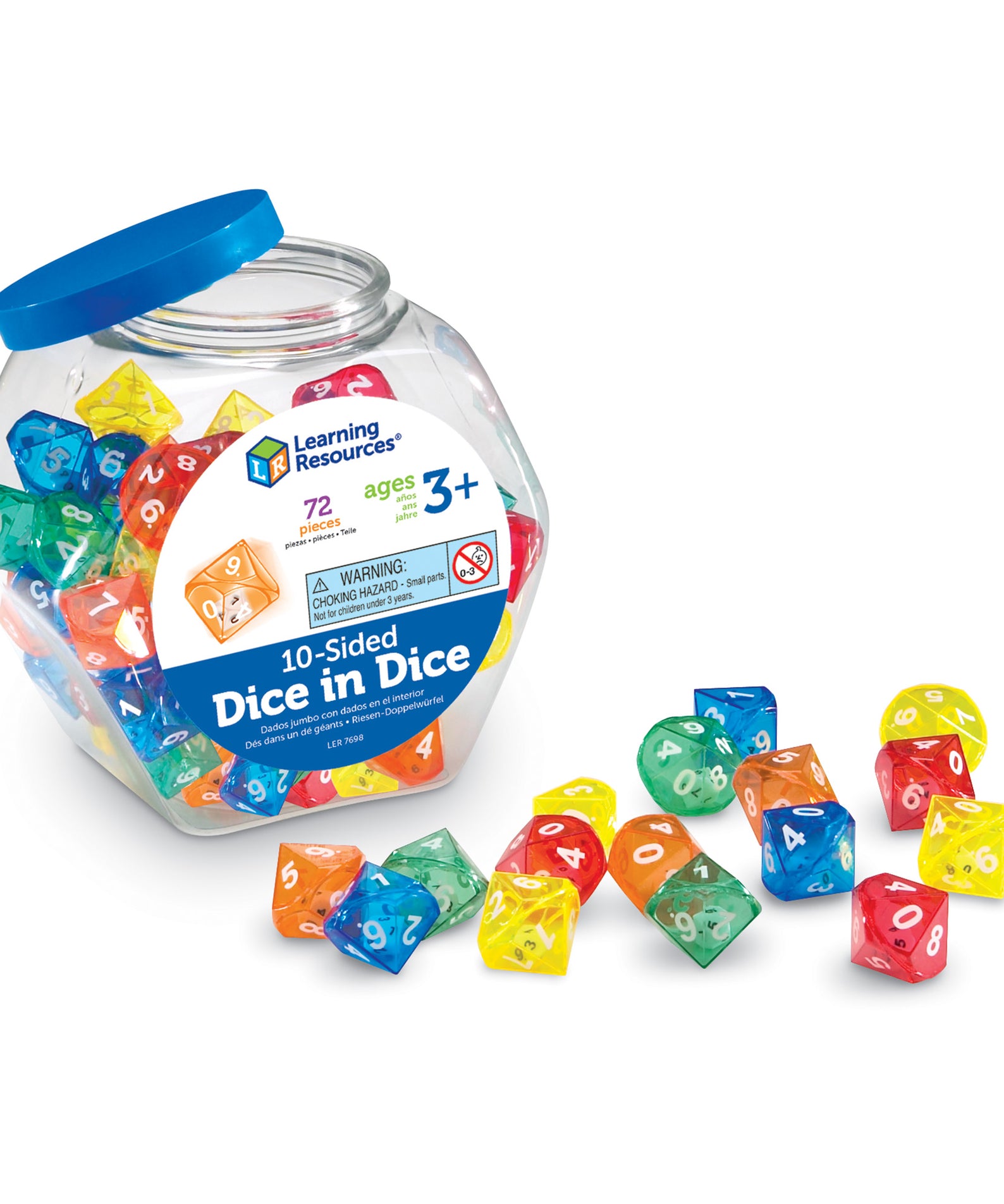 Learning Resources 10-Sided Dice in Dice, Set of 72 Double Dice for Teaching Probability, Numbers, and Operations, Includes Storage Tub, Ages 3+