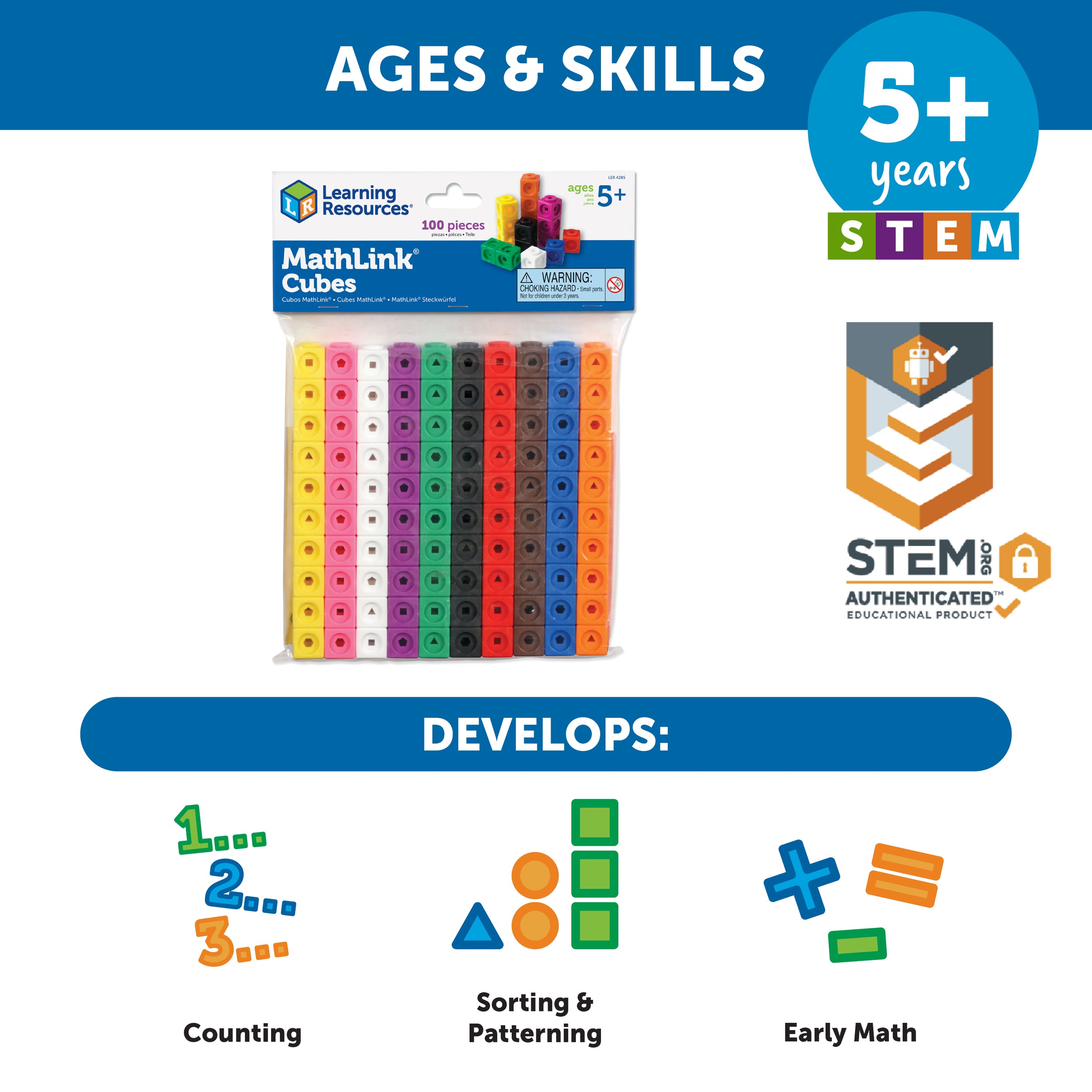 Learning Resources MathLink Cubes, Set of 100, Ages 5+, Hands-On STEM Math Learning for Counting, Sorting & Patterns - Quick Learning