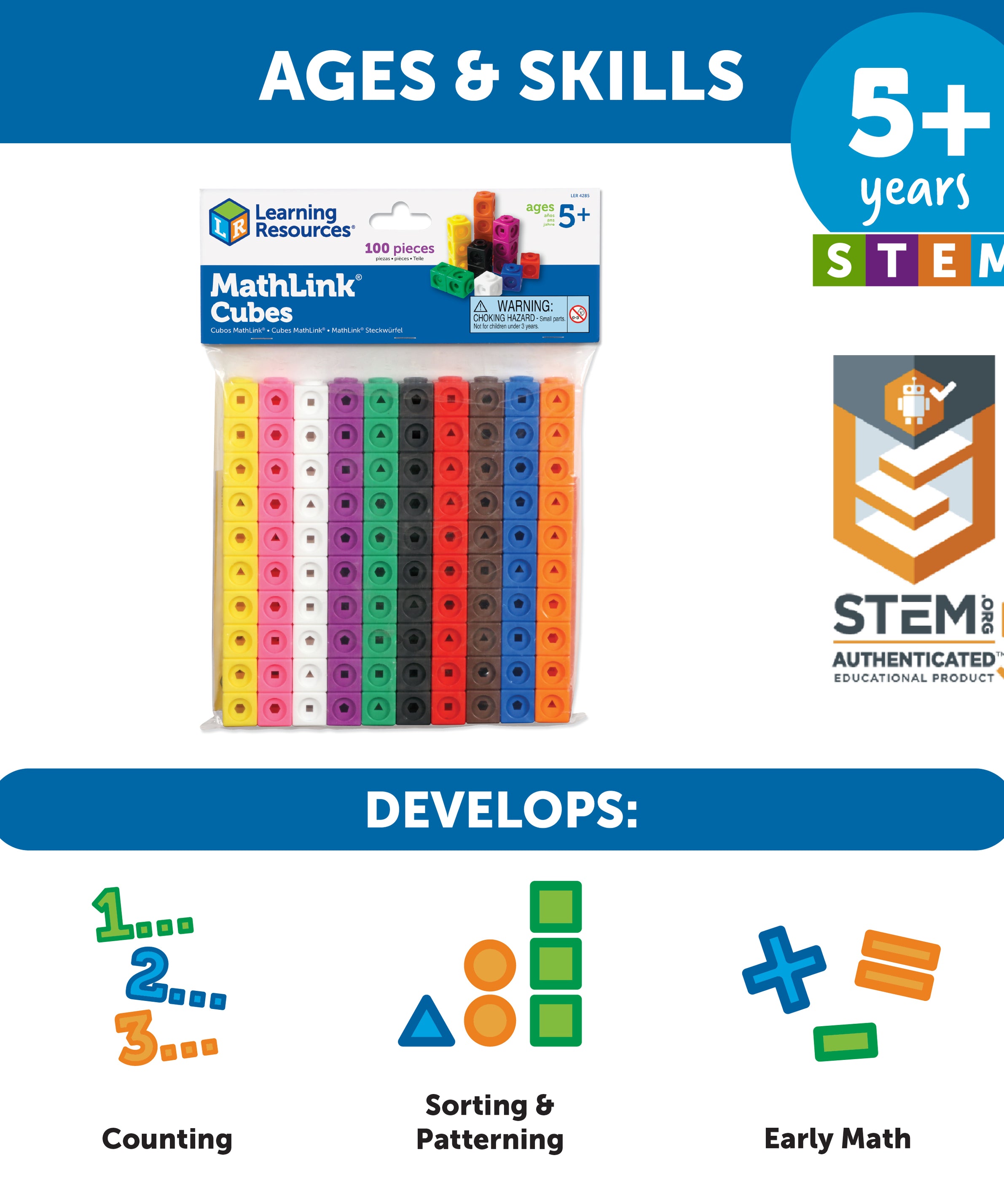 Learning Resources MathLink Cubes, Set of 100, Ages 5+, Hands-On STEM Math Learning for Counting, Sorting & Patterns