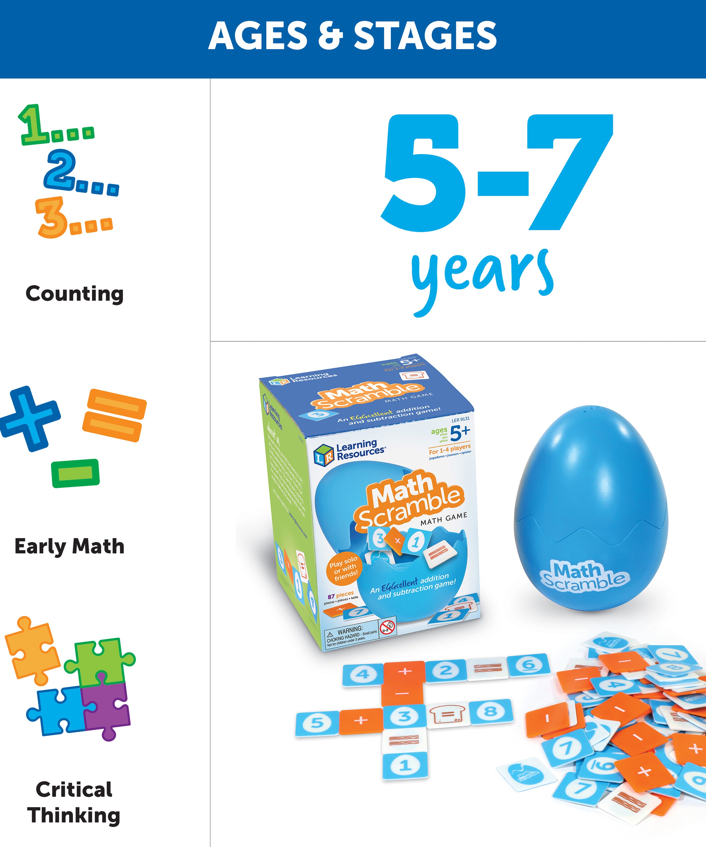 Learning Resources Math Scramble, Addition and Subtraction Game for Kids, 87 Piece Maths Game in Storage Egg, Ages 5+