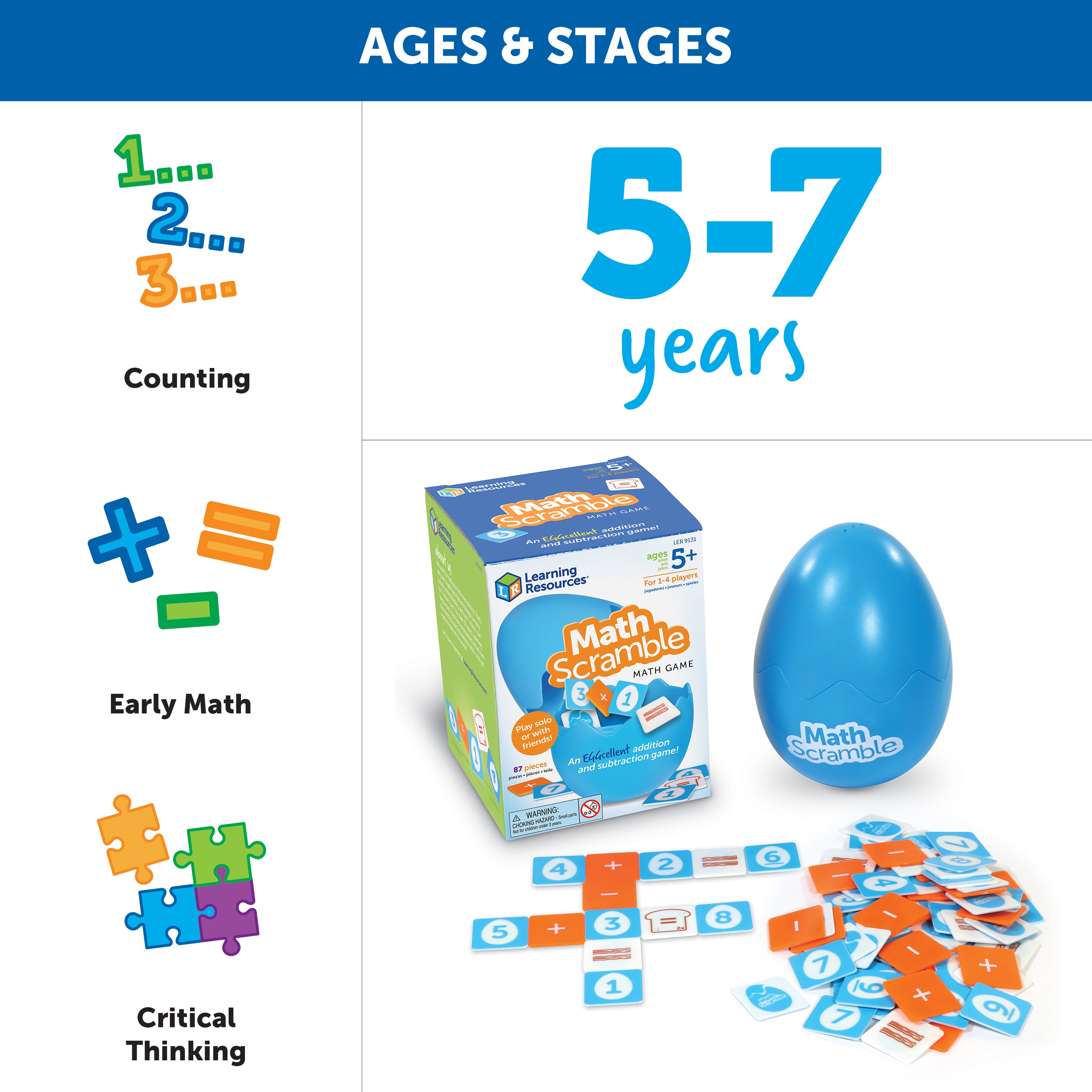 Learning Resources Math Scramble, Addition and Subtraction Game for Kids, 87 Piece Maths Game in Storage Egg, Ages 5+