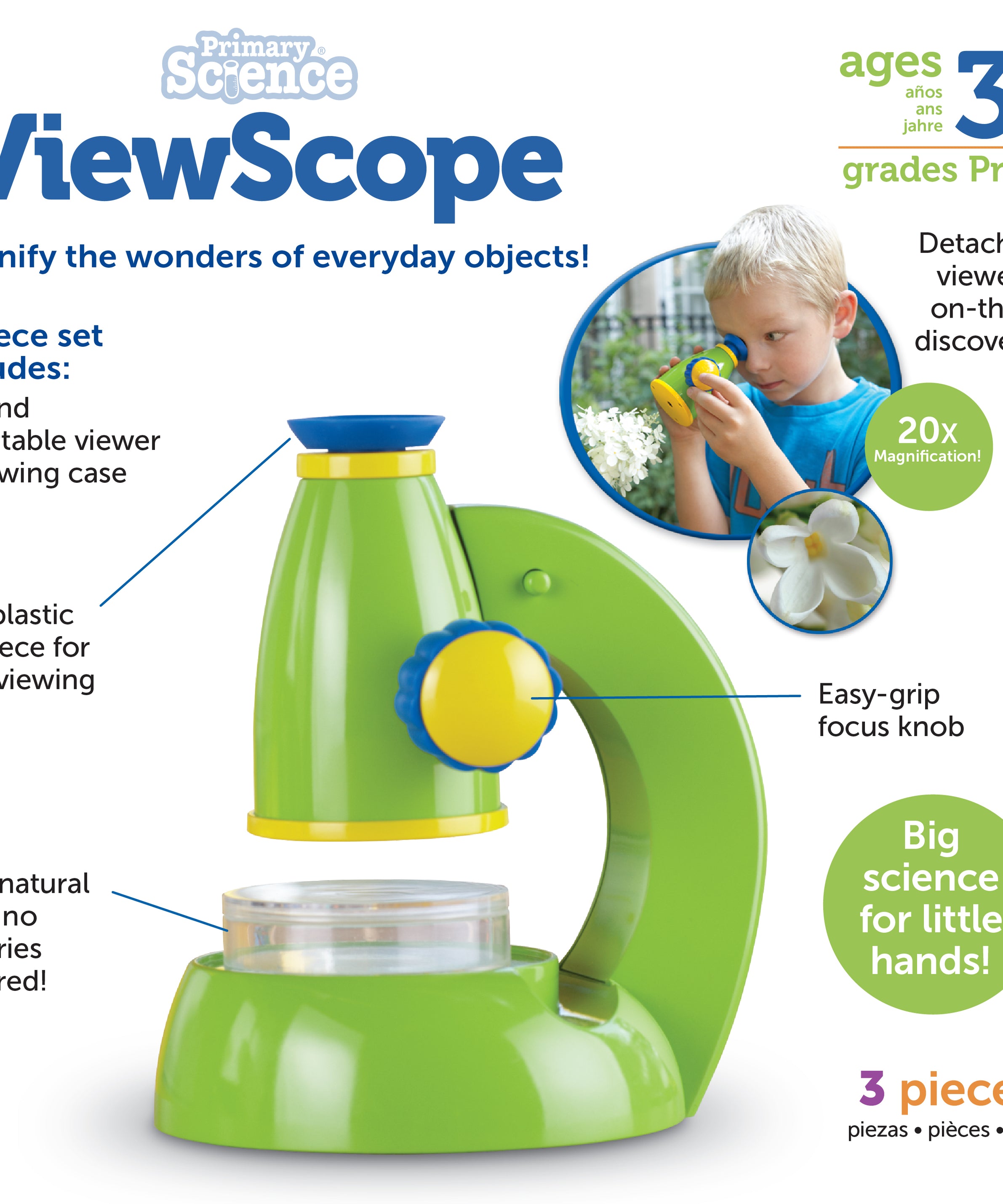 Learning Resources Primary Science ViewScope, Real-Working Microscope for Kids, 20x Magnification, Detachable Viewer, Soft Eyepiece for Comfort, Includes Clear Plastic Case for Specimens, Ages 3+