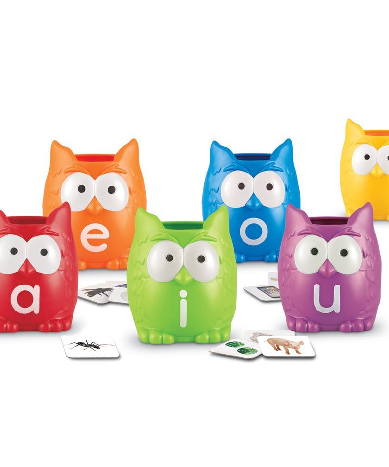 Learning Resources Vowel Owls Sorting Set, Hands-On Literacy Activity for Kids with 100 Picture Cards and 6 Owl Containers, Teaches Short and Long Vowel Sounds, Ages 5+