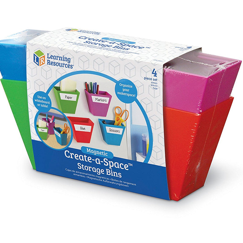 Learning Resources Magnetic Create-a-Space Storage Bins (Set of 4), Vibrant, Multi-Compartment Organizers for Classroom, Office, or Homework Station, Includes Wipe-Clean Labels (9cm x 5cm Each)