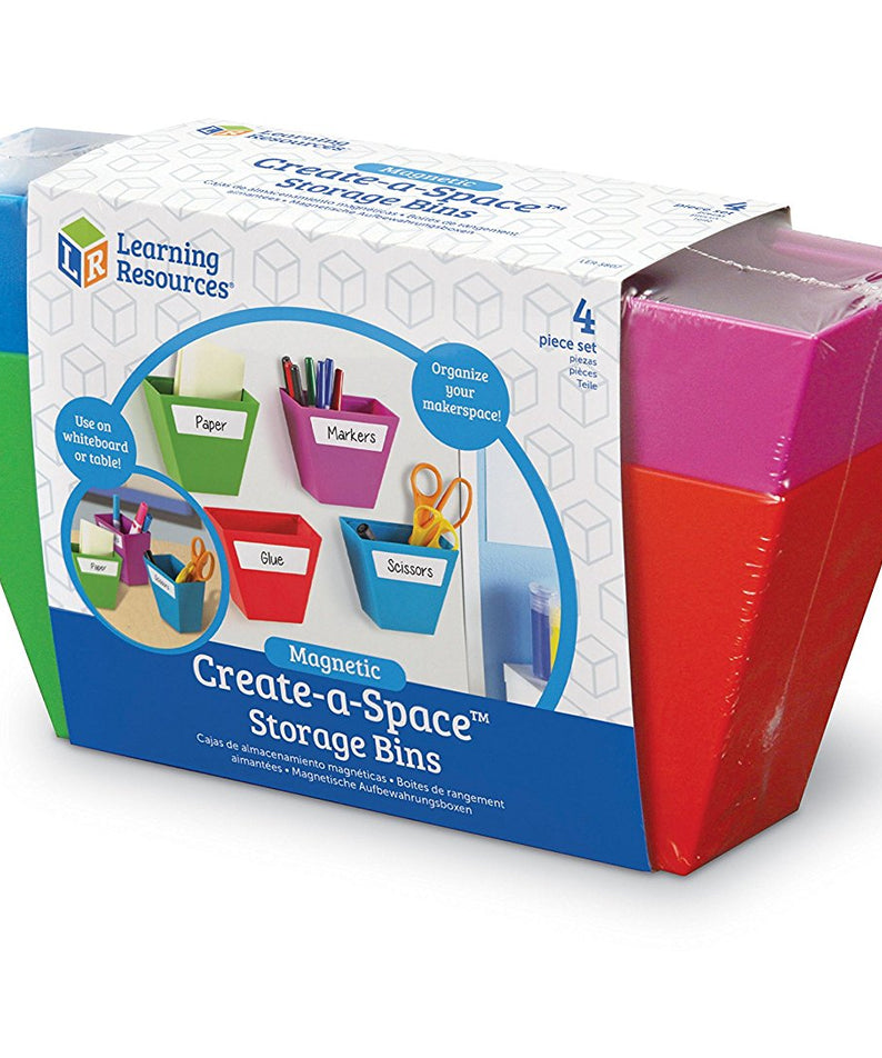 Learning Resources Magnetic Create-a-Space Storage Bins (Set of 4), Vibrant, Multi-Compartment Organizers for Classroom, Office, or Homework Station, Includes Wipe-Clean Labels (9cm x 5cm Each)